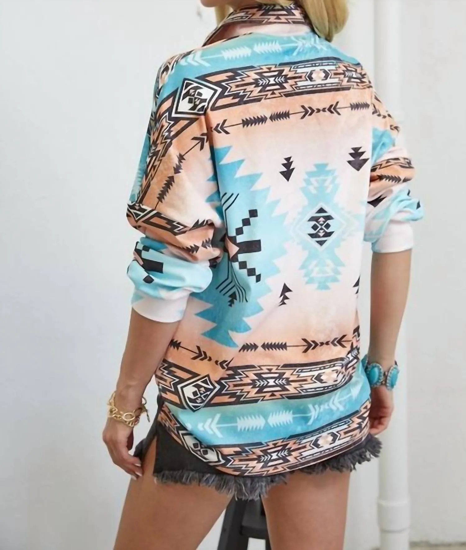 Abigail Aztec Print Shacket In Turquoise/coral