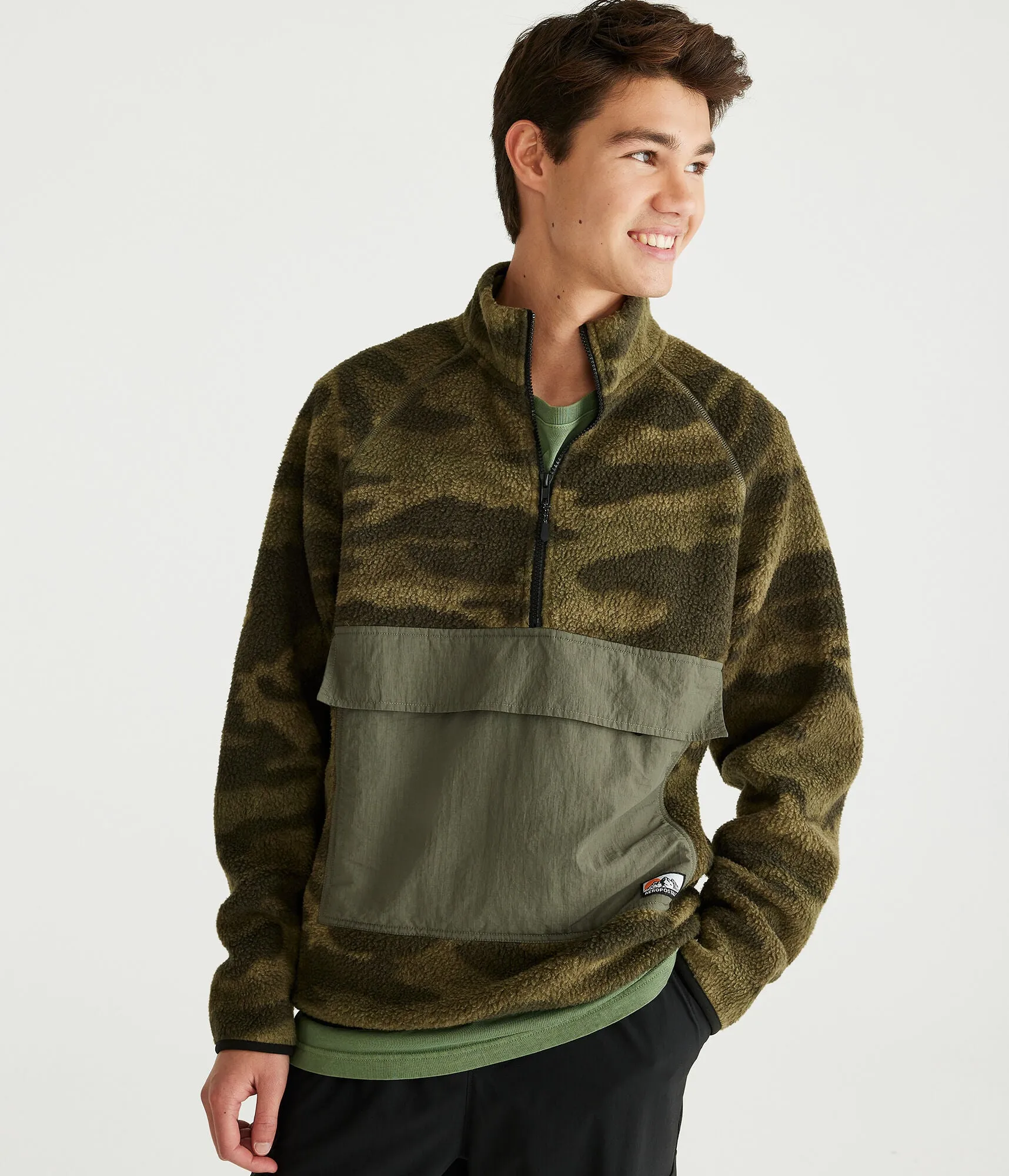 Aeropostale Mens' Camo Mixed Media Quarter-Zip Fleece Pullover - Green - Size L - Polyester - Teen Fashion & Clothing Basque Olive Aeropostale