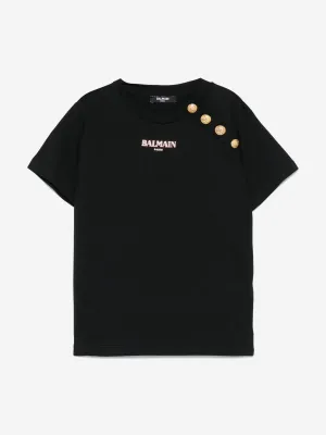 Balmain Girls Buttoned Logo T-Shirt in Black