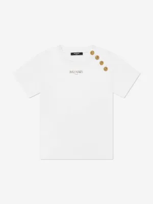 Balmain Girls Buttoned Logo T-Shirt in White