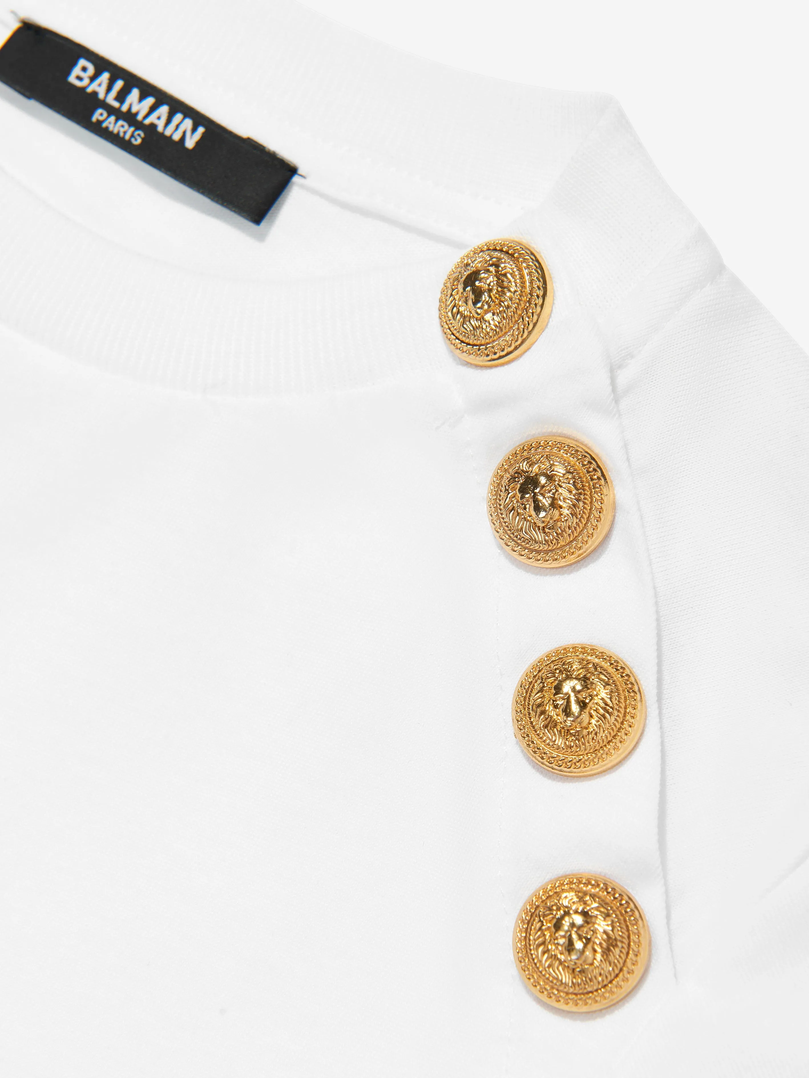 Balmain Girls Buttoned Logo T-Shirt in White
