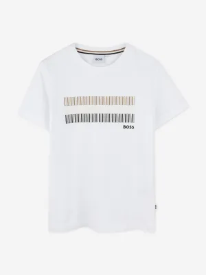 BOSS Boys Striped Print Logo T-Shirt in White