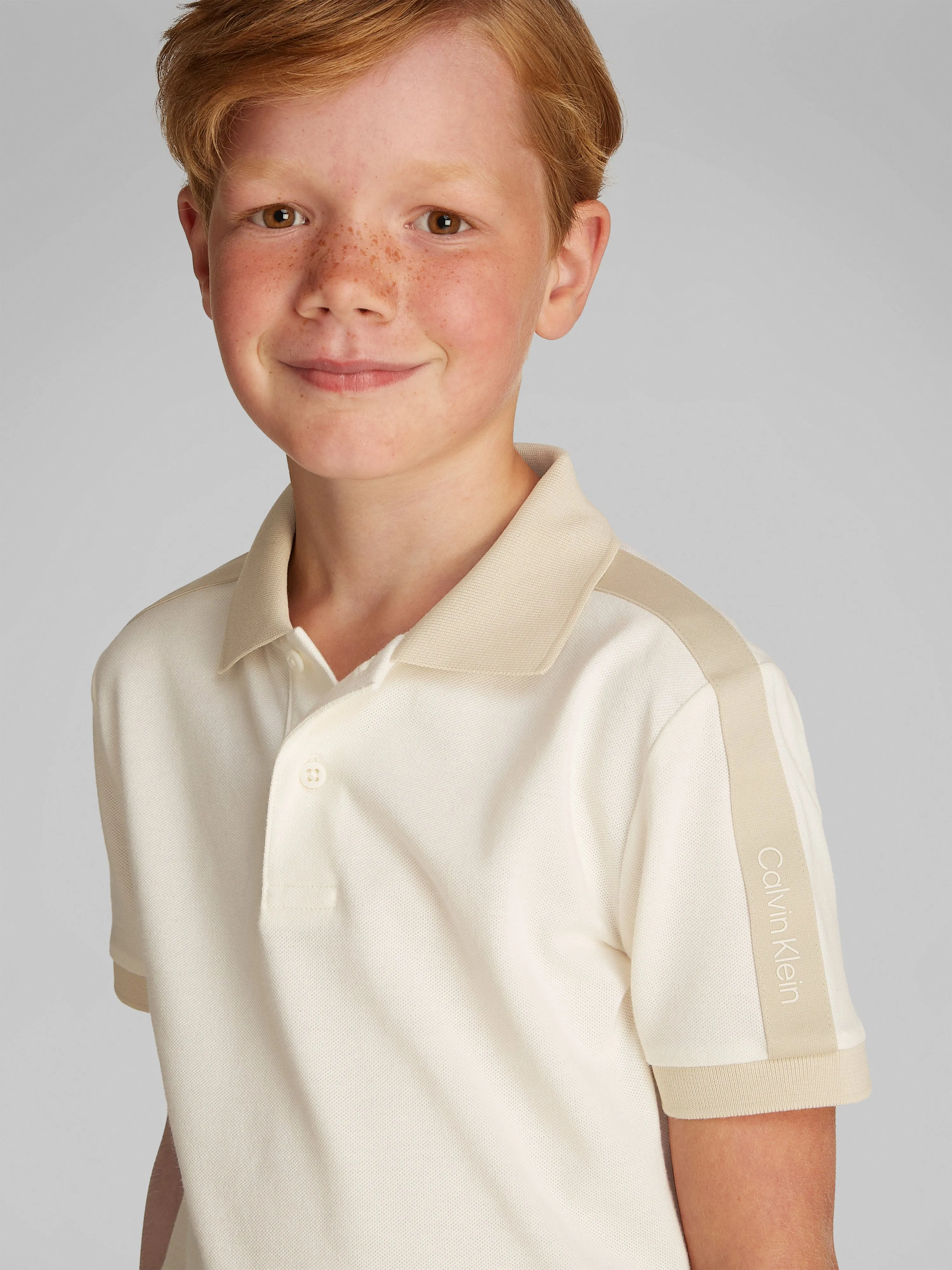 Boys Pique Tape Polo Shirt in Beige