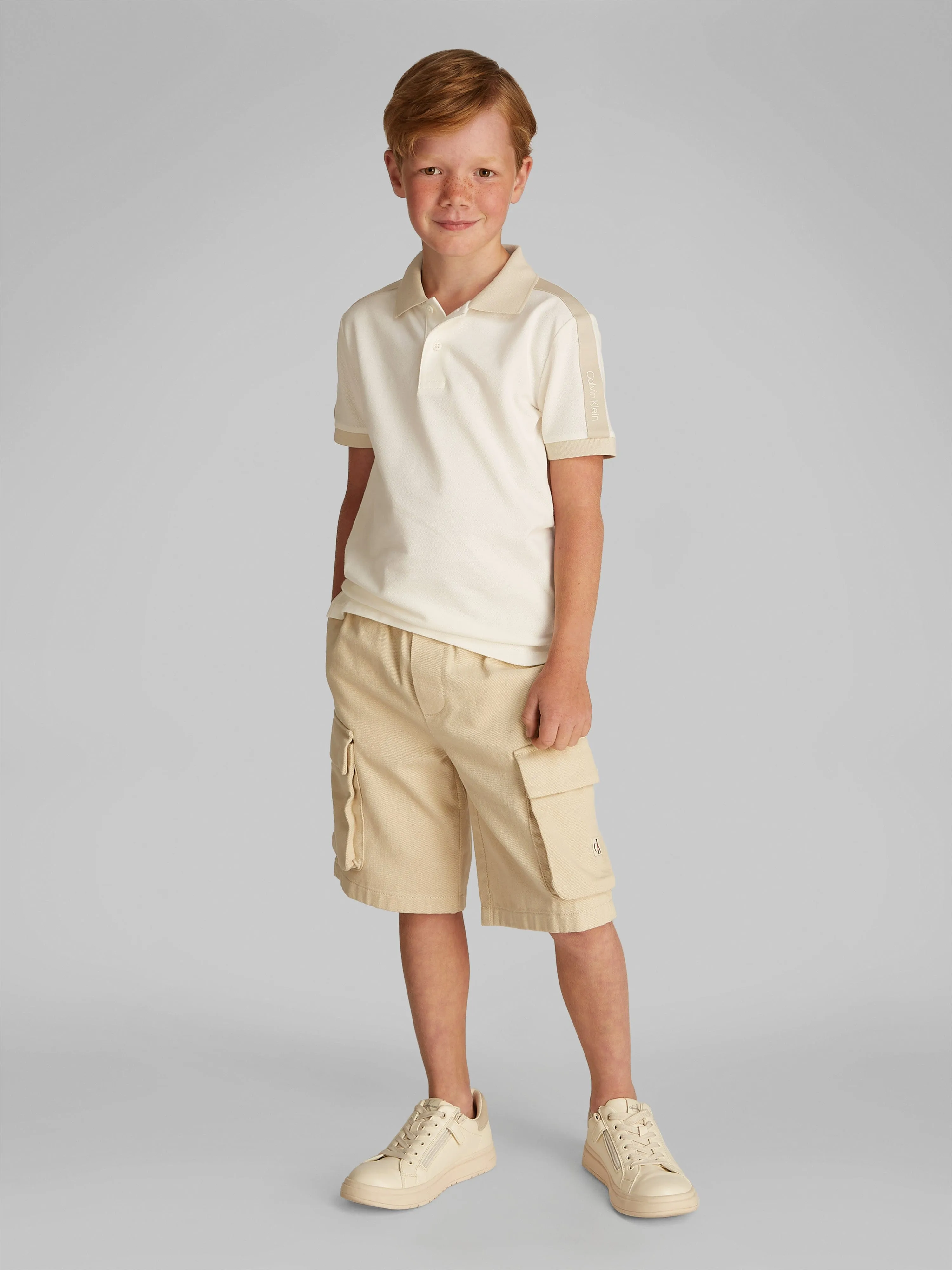 Boys Pique Tape Polo Shirt in Beige