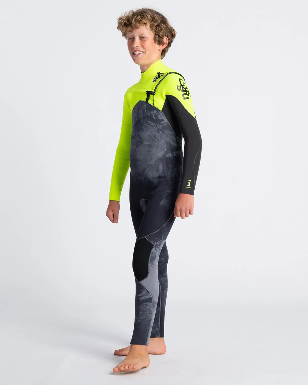 Boys Sessions 4/3mm Chest Zip Wetsuit in Black Tie Dye, Yellow & Graphite