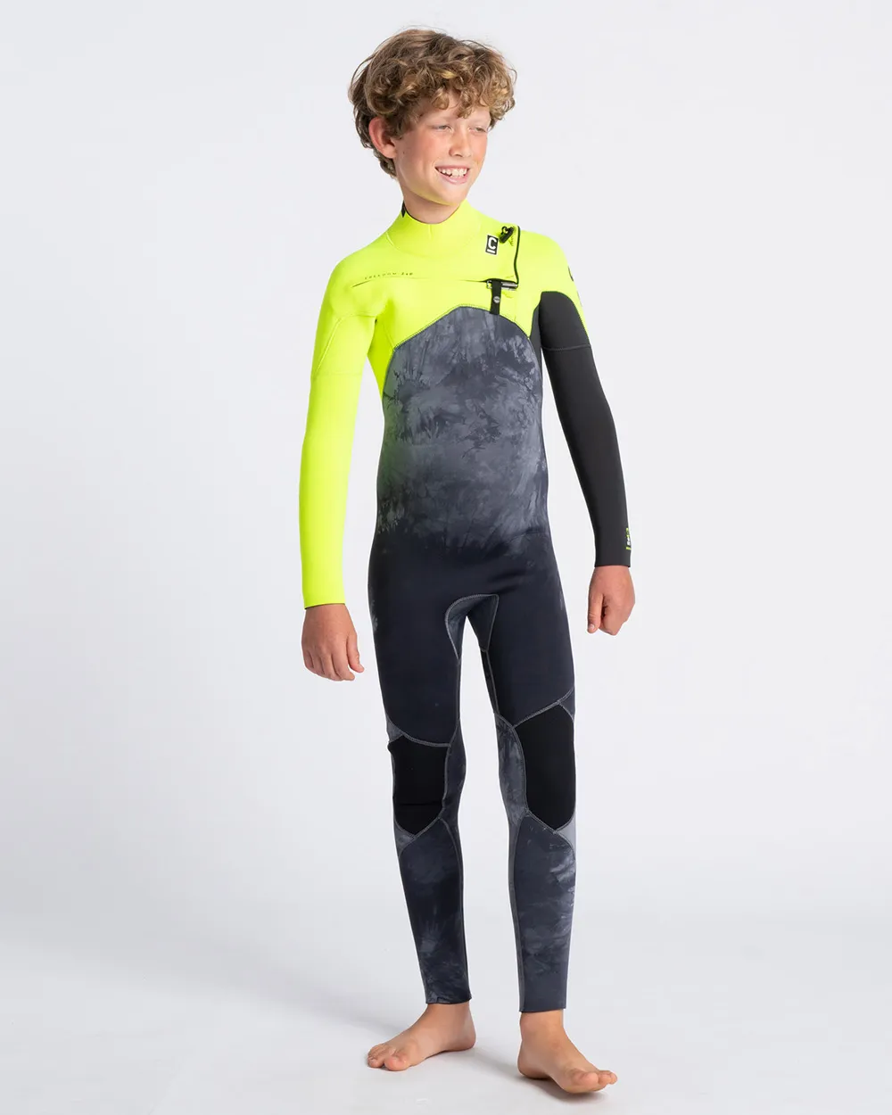 Boys Sessions 4/3mm Chest Zip Wetsuit in Black Tie Dye, Yellow & Graphite
