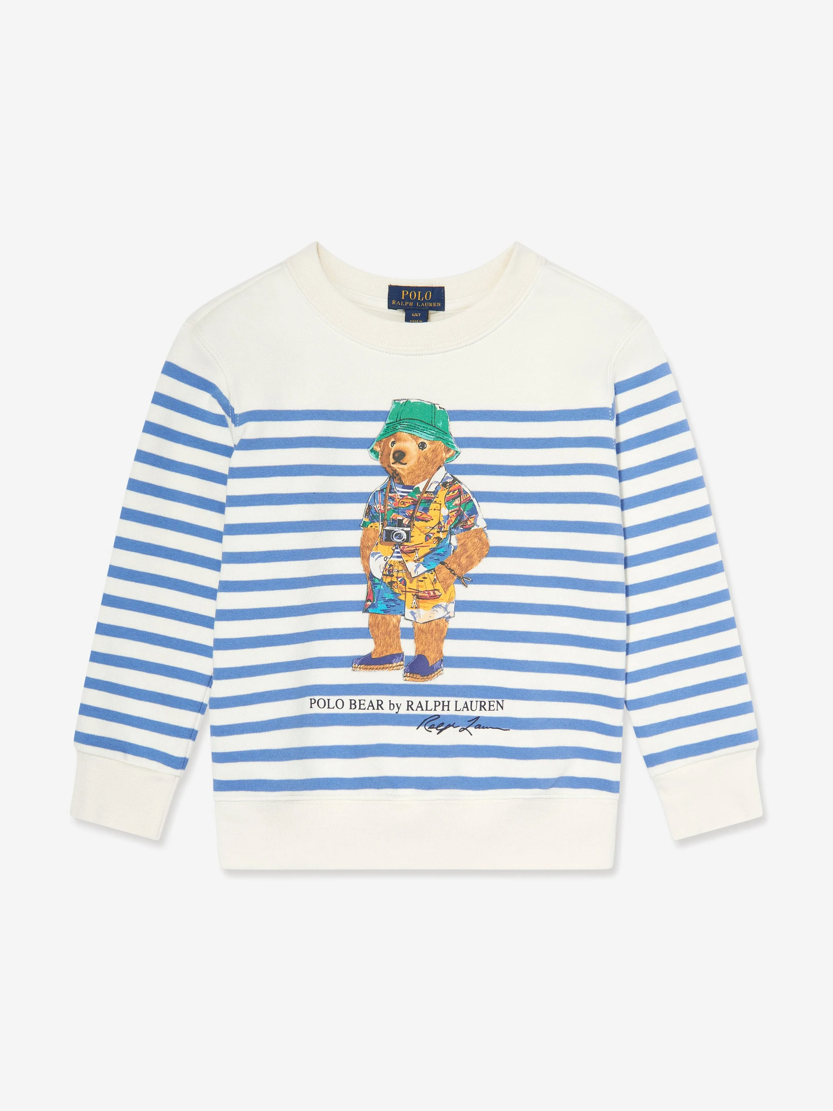 Boys Striped Polo Bear Jumper in White