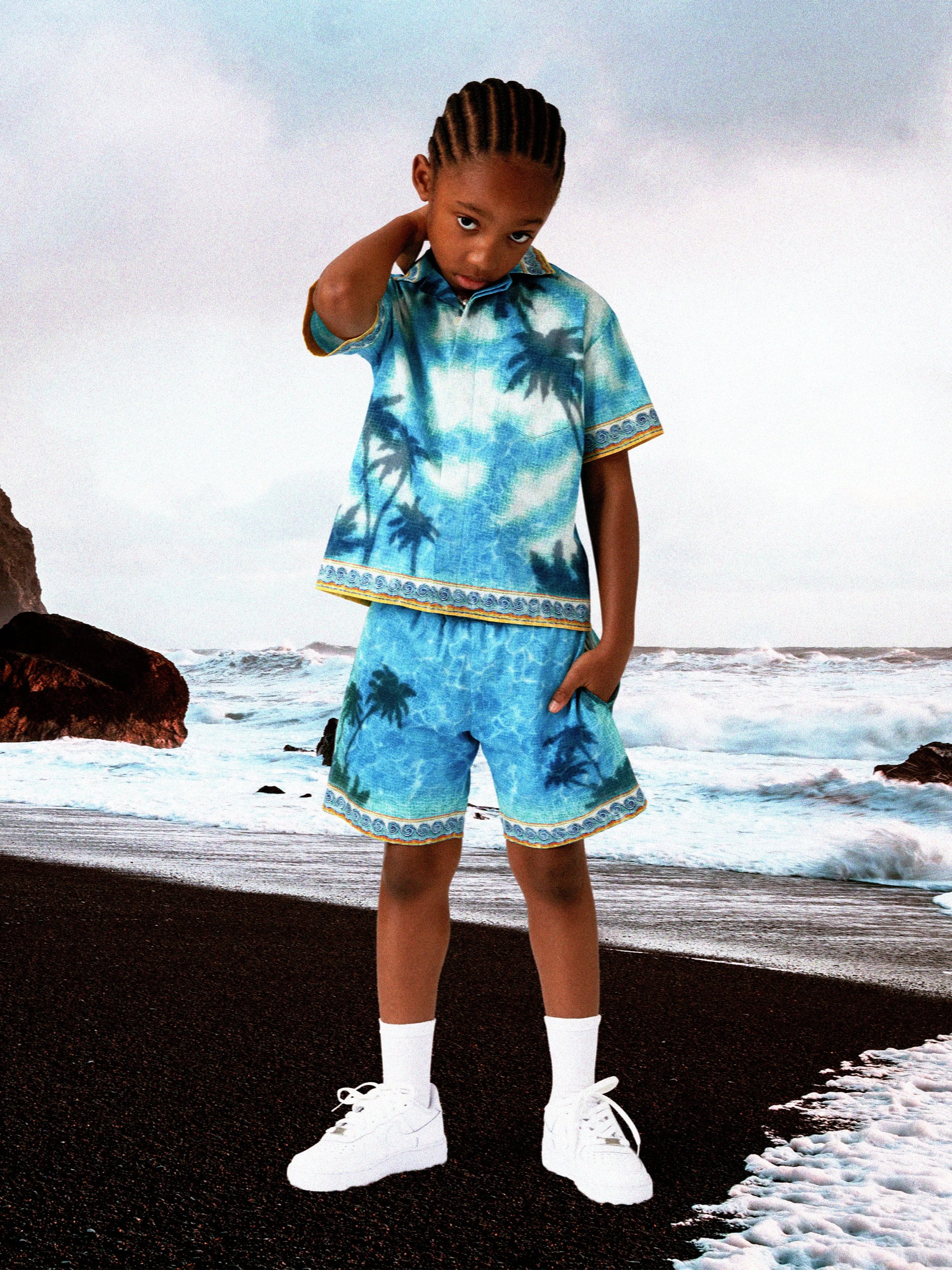 Casablanca Boys Caustics Emblem Cuban Collar Shirt in Blue