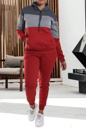 Color Block Red Kangaroo Pocket Tracksuit