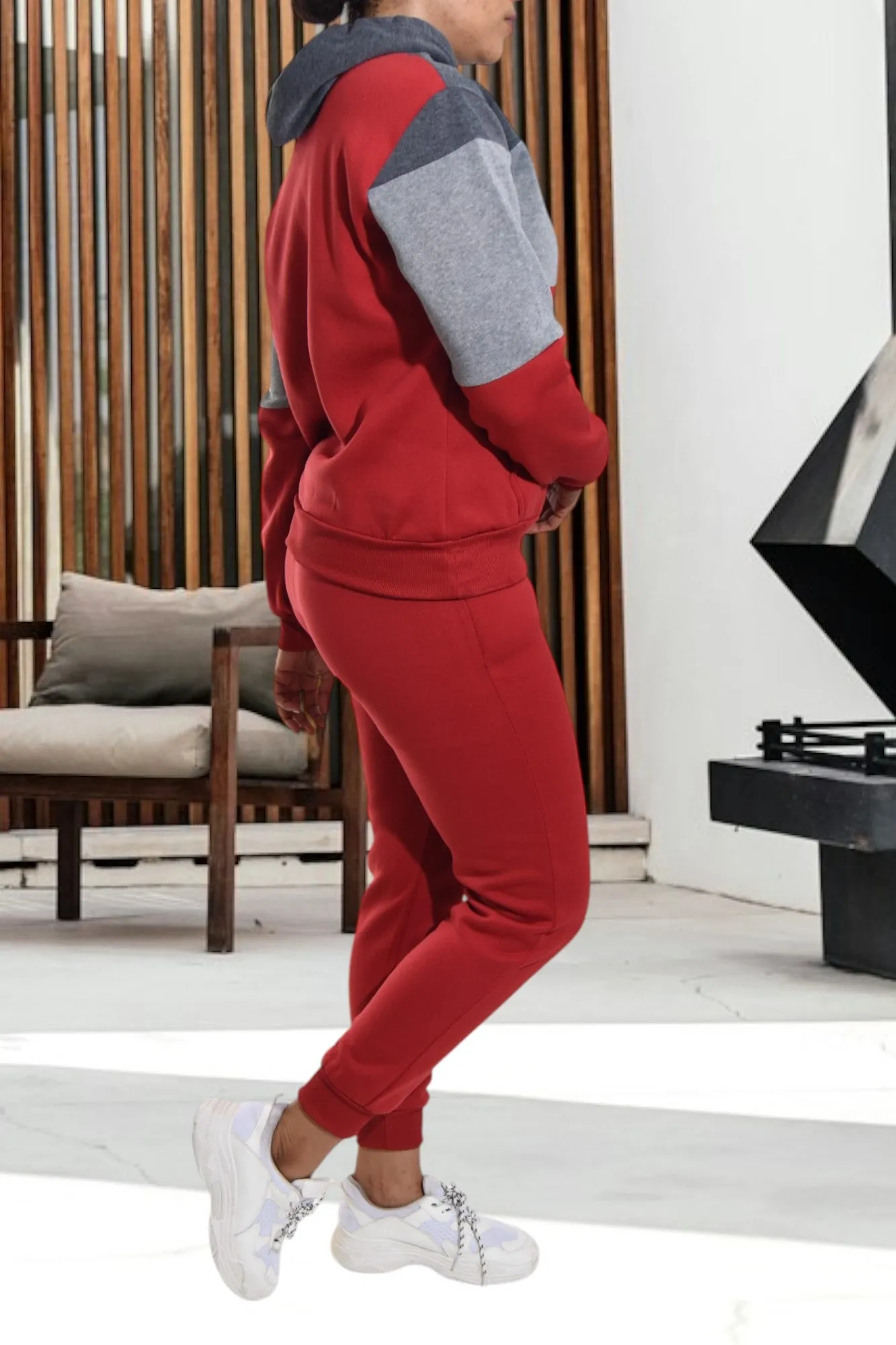 Color Block Red Kangaroo Pocket Tracksuit