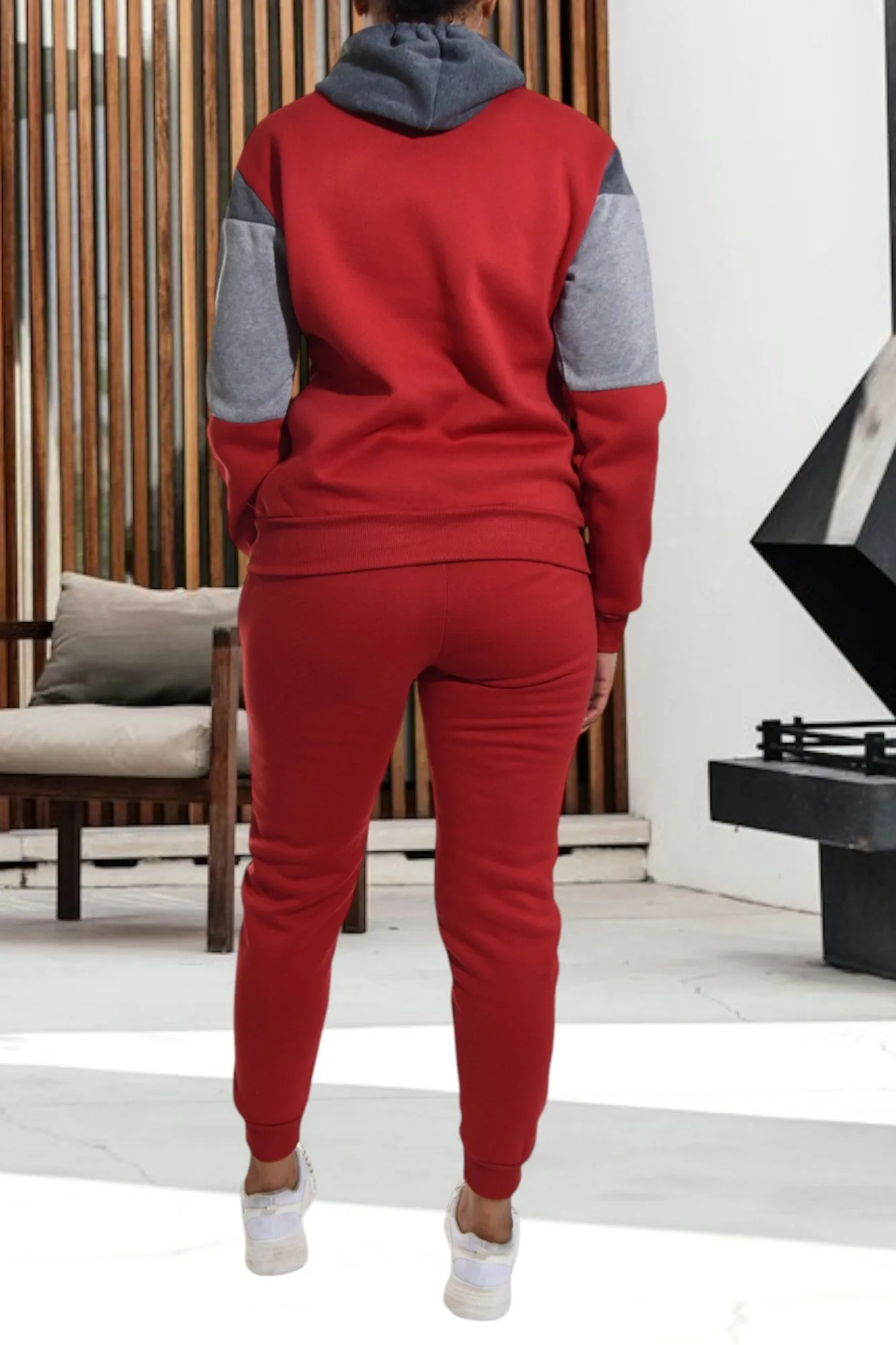 Color Block Red Kangaroo Pocket Tracksuit