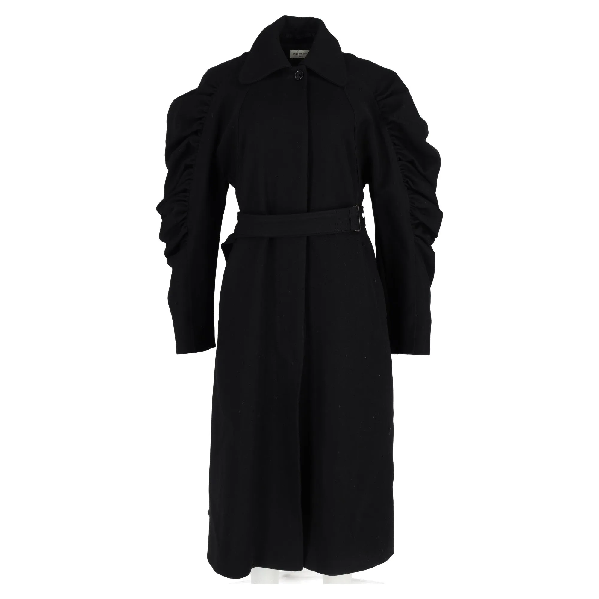 Dries Van Noten Belted Raglan Sleeve Coat in Black Wool