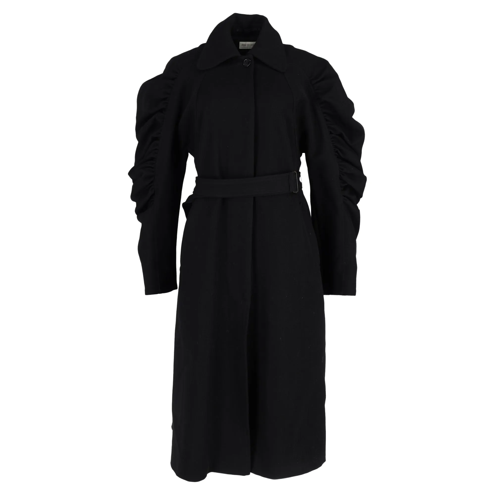 Dries Van Noten Belted Raglan Sleeve Coat in Black Wool