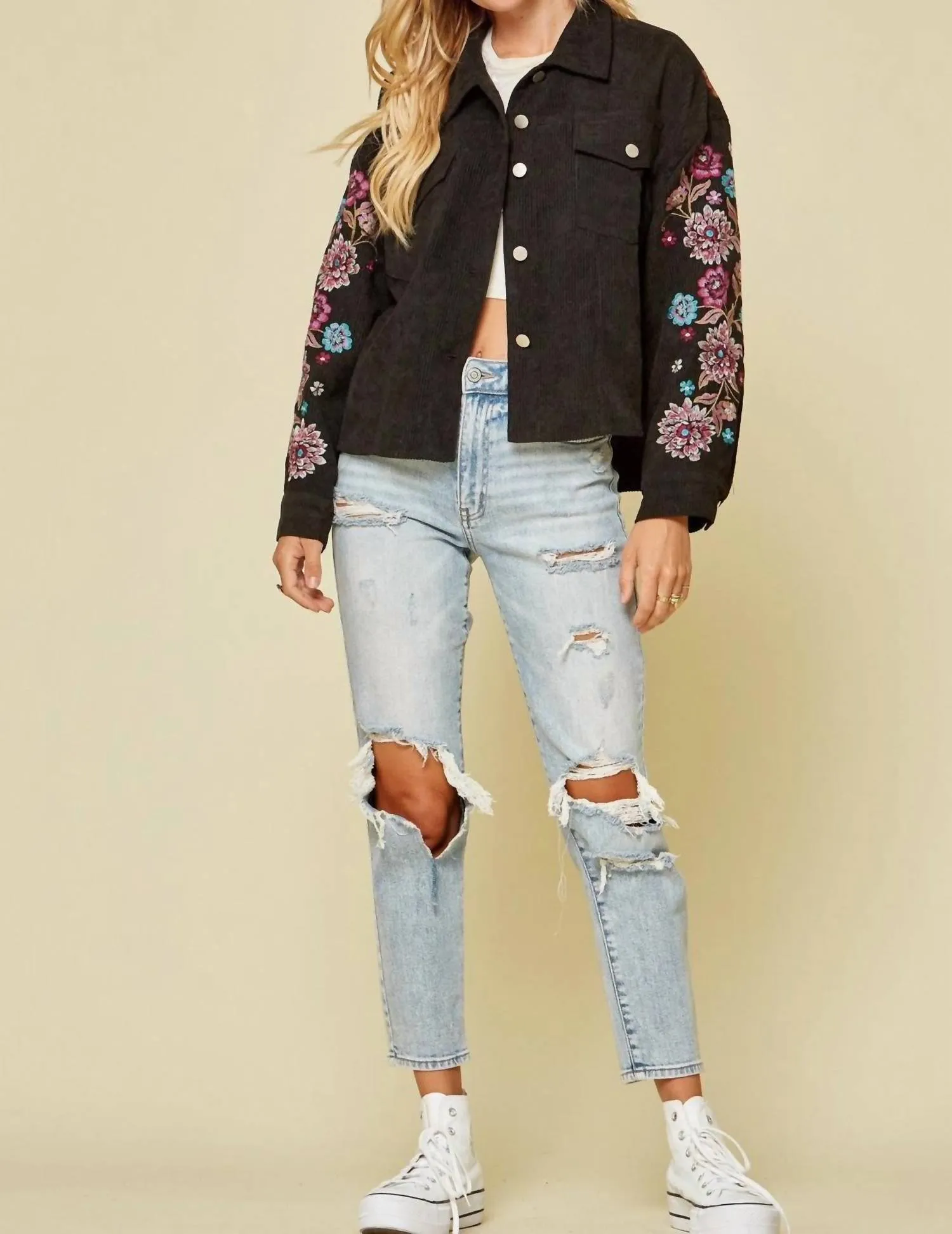 Embroidered Corduroy Jacket In Black