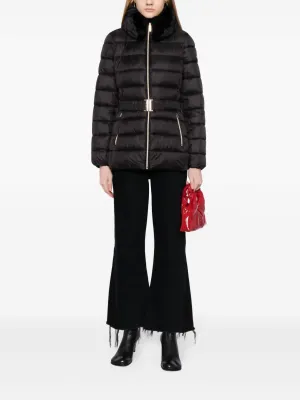 Faux Fur Collar Belted Lightweight Down Puffer Coat In Black