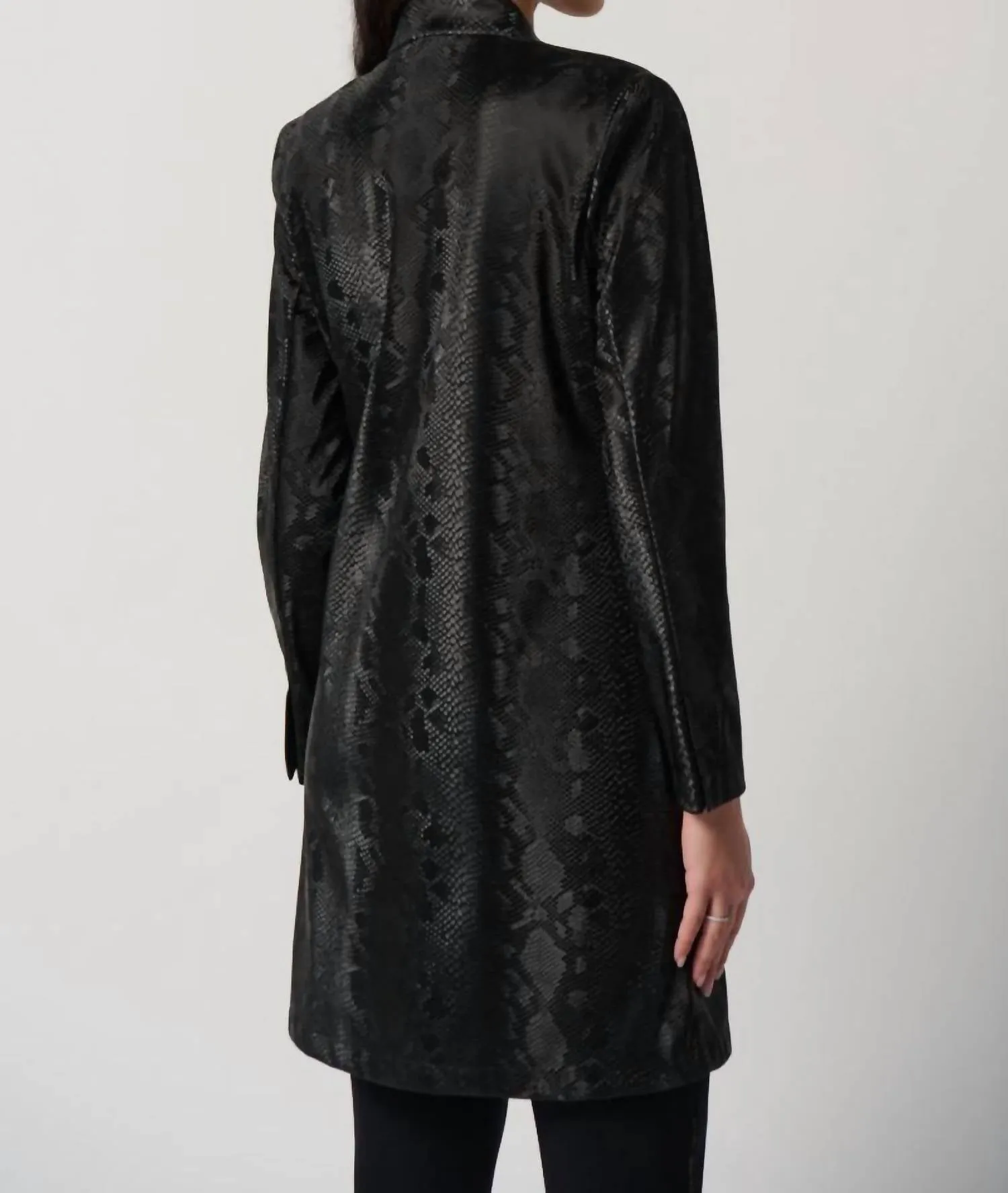 Faux Leather Snake Print A-Line Coat In Black