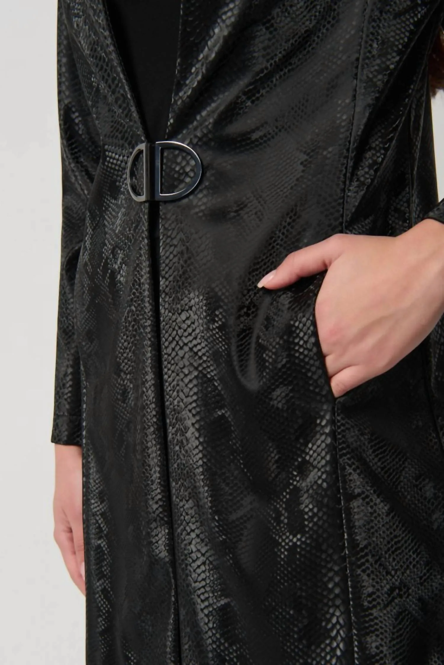 Faux Leather Snake Print A-Line Coat In Black