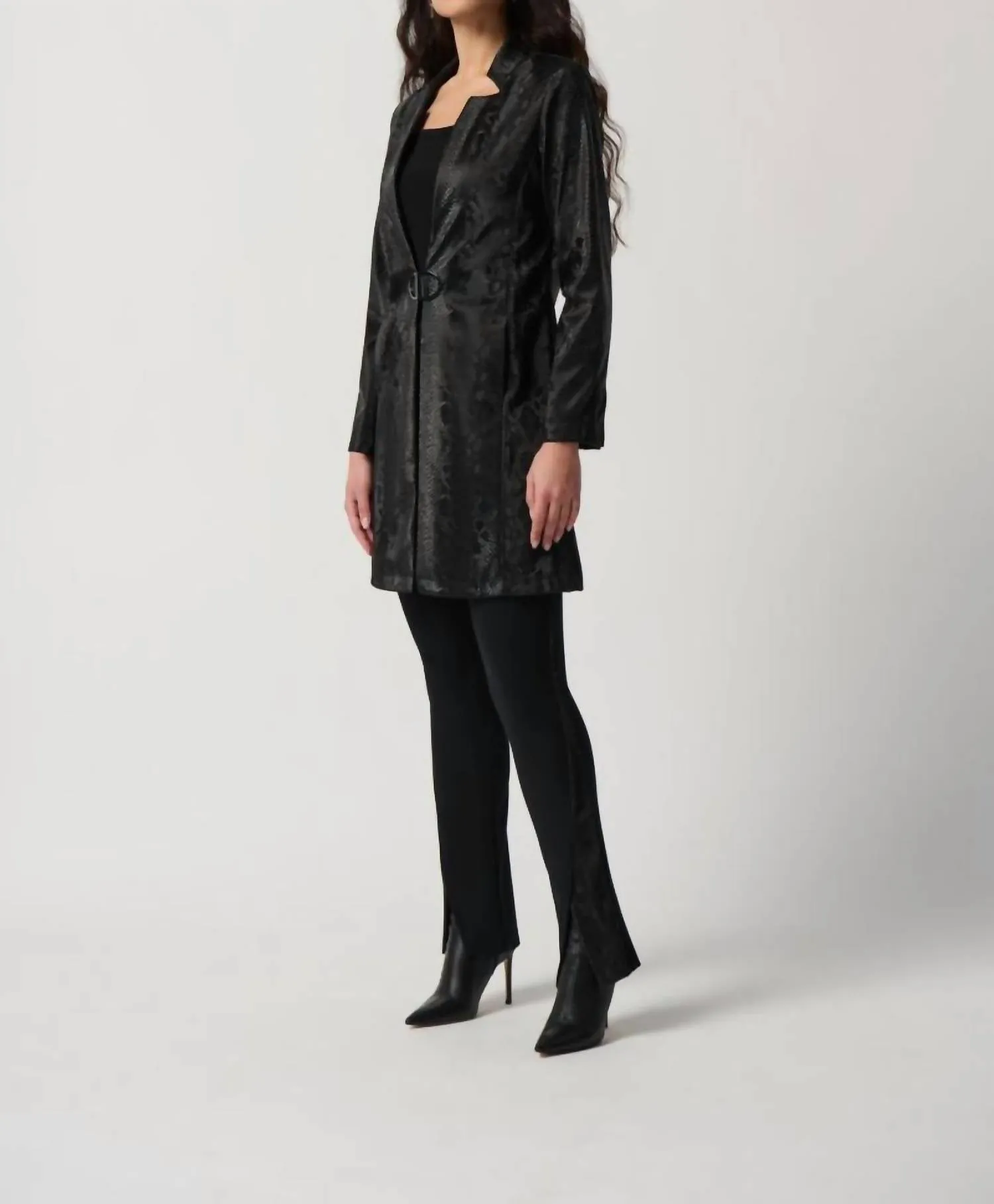 Faux Leather Snake Print A-Line Coat In Black