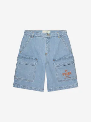 Fendi Boys Big Pocket Logo Denim Shorts in Blue