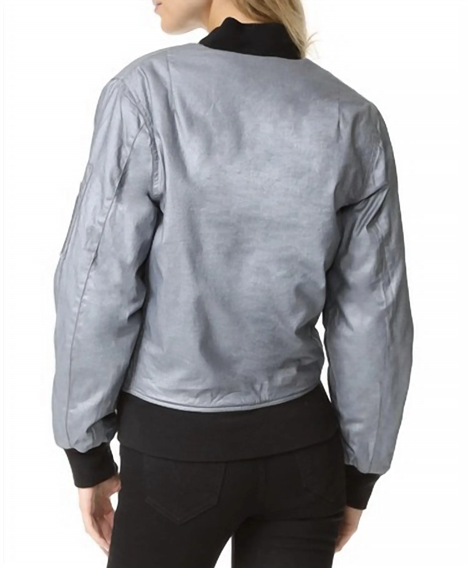 Gene Metallic Puffy Bomber Jacket In Dusted Silver