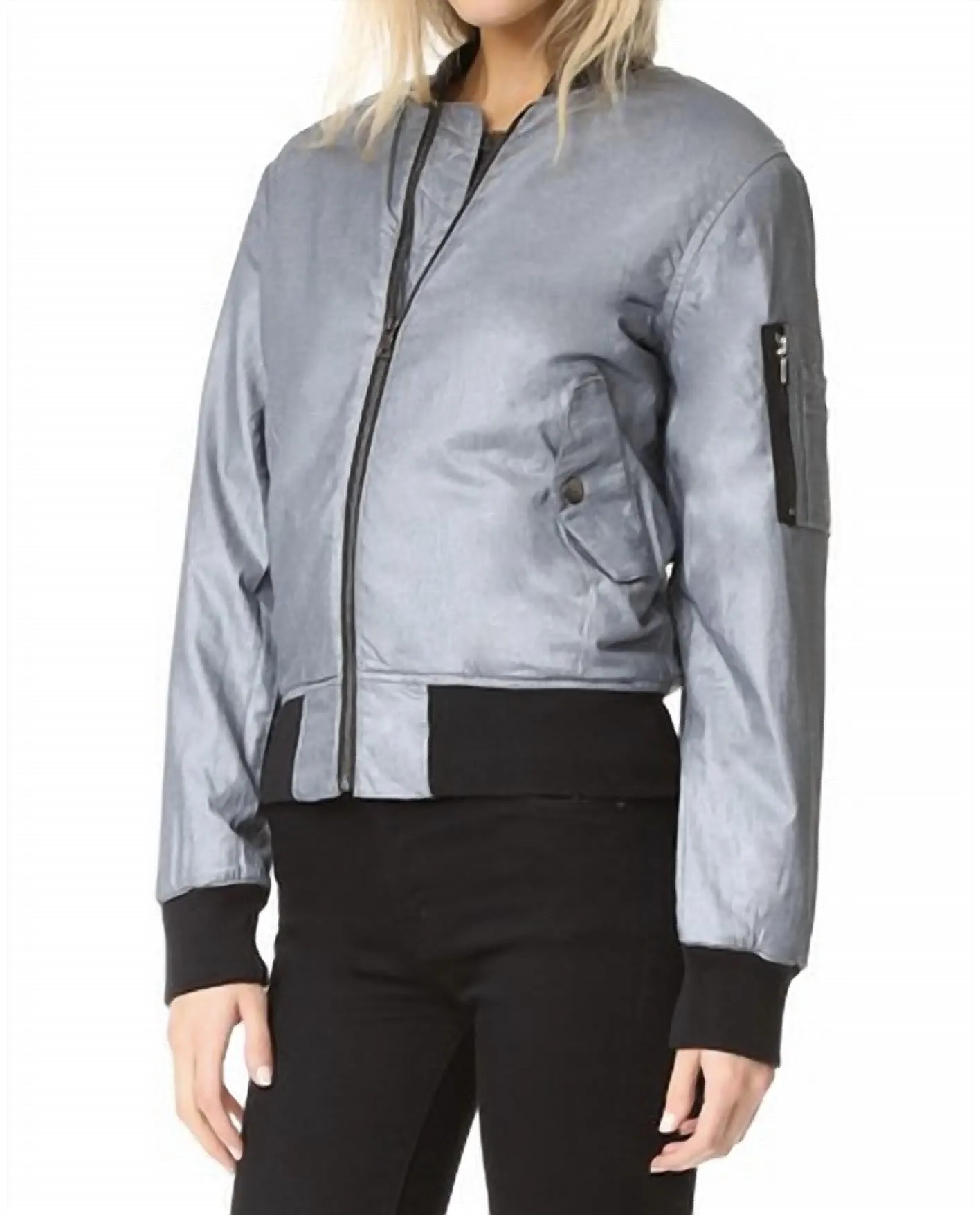 Gene Metallic Puffy Bomber Jacket In Dusted Silver