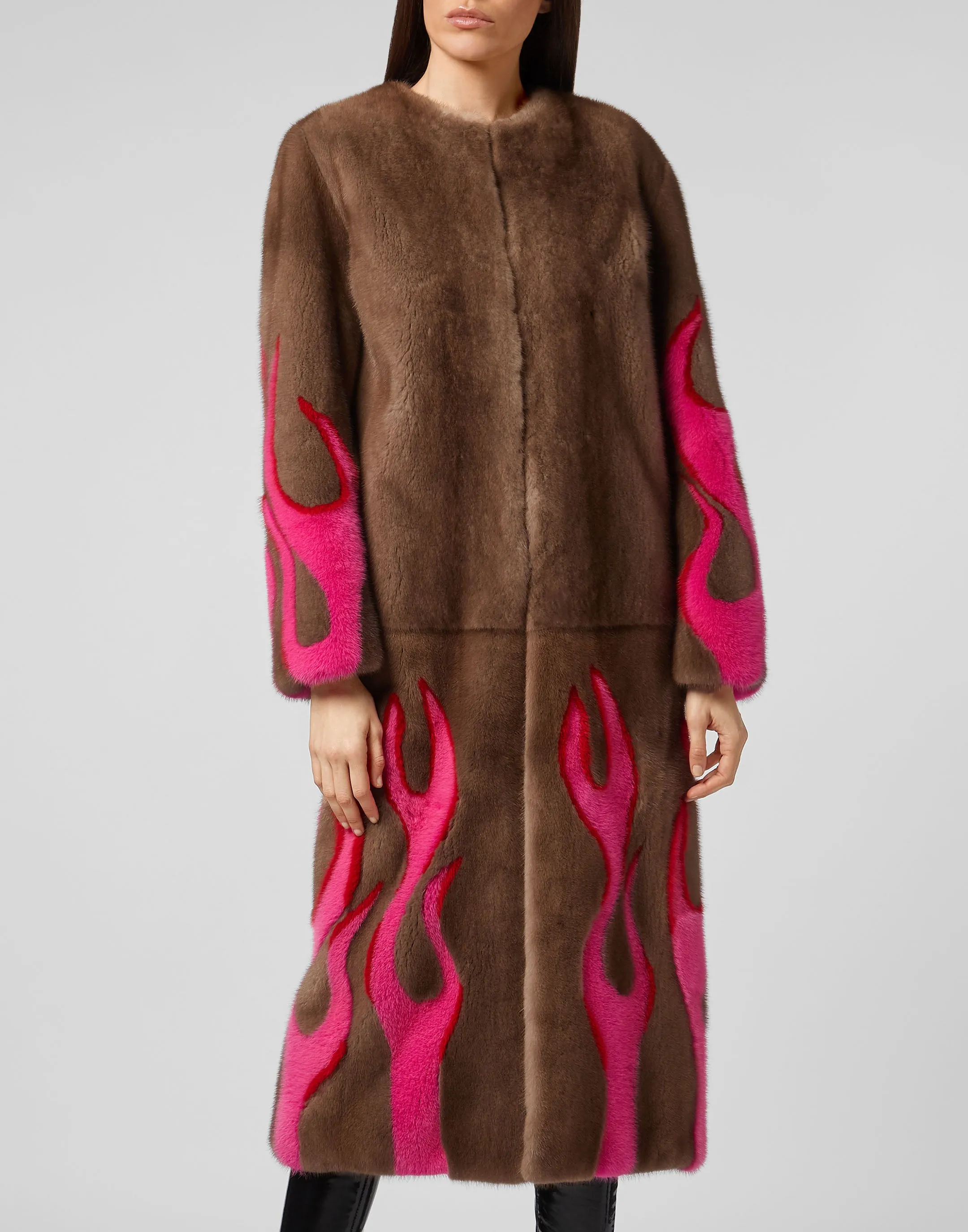Hell Flames Intarsia Mink Fur Long Coat