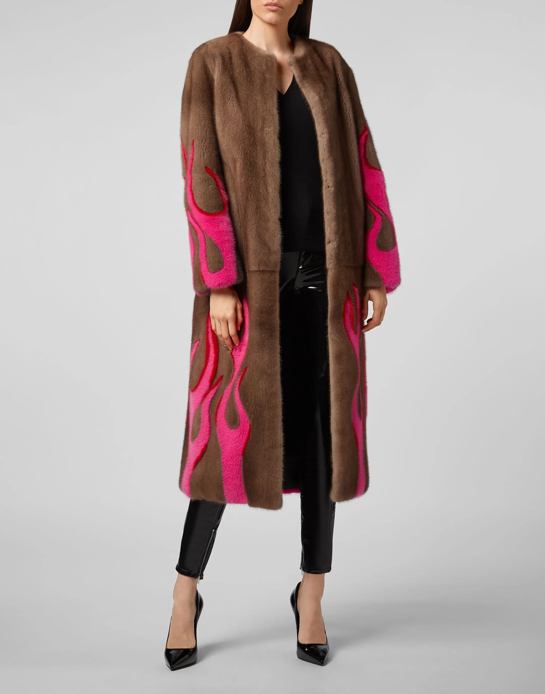 Hell Flames Intarsia Mink Fur Long Coat