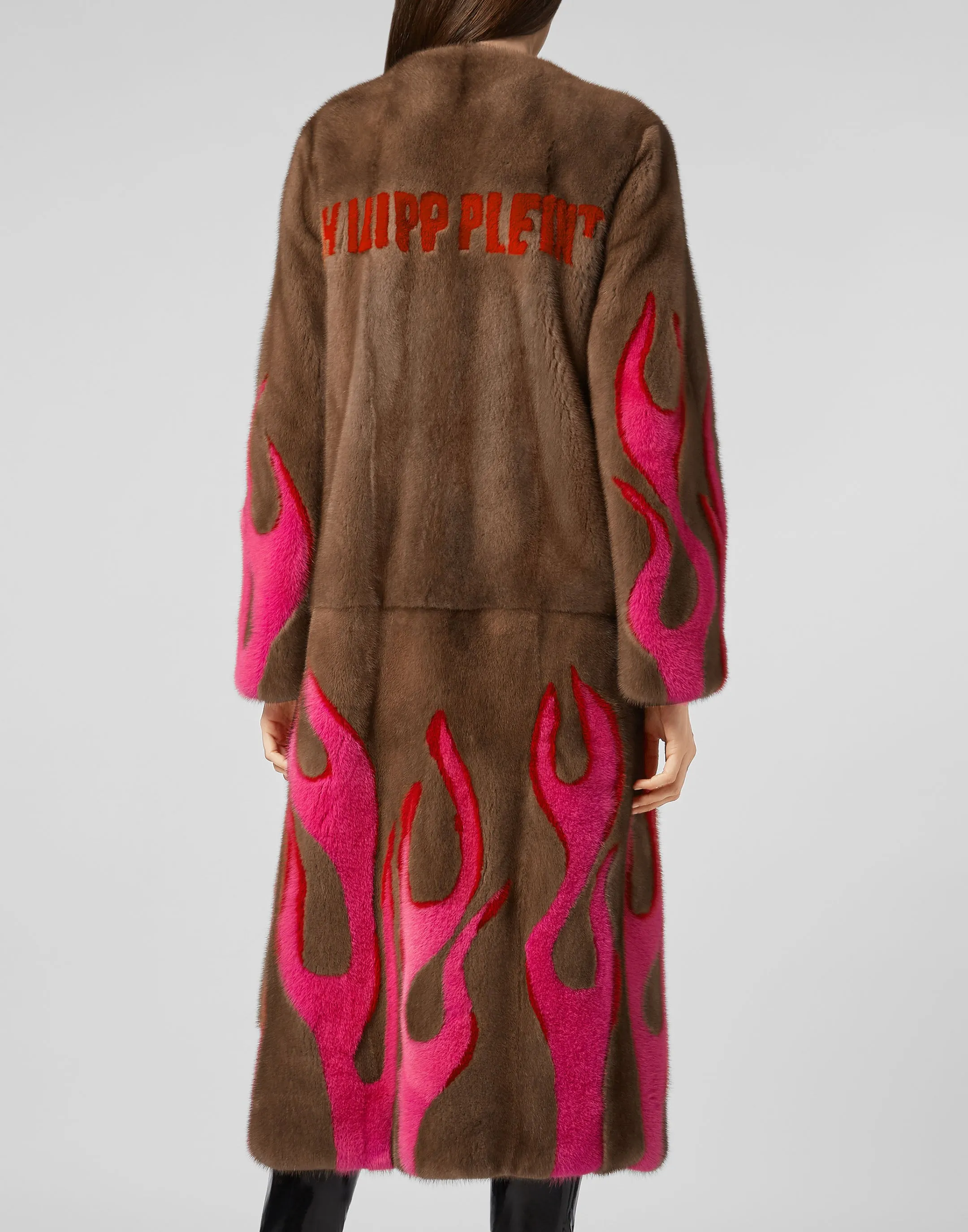 Hell Flames Intarsia Mink Fur Long Coat