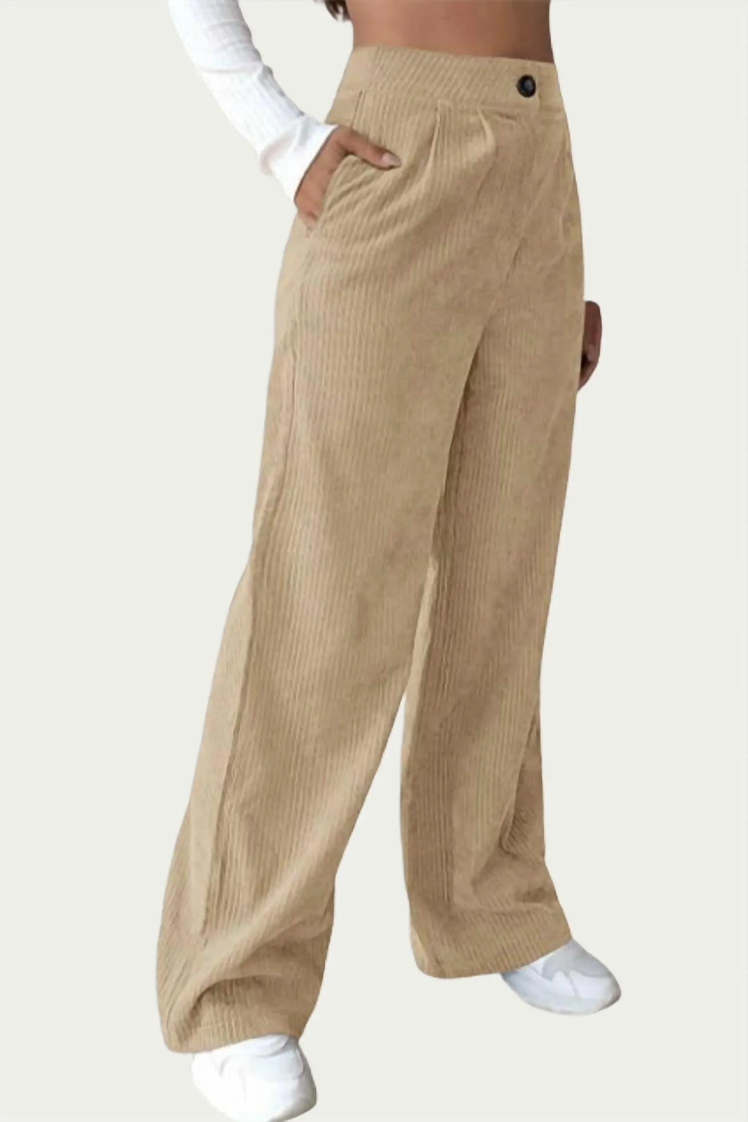 High-Waist Pleated Corduroy Pants In Beige