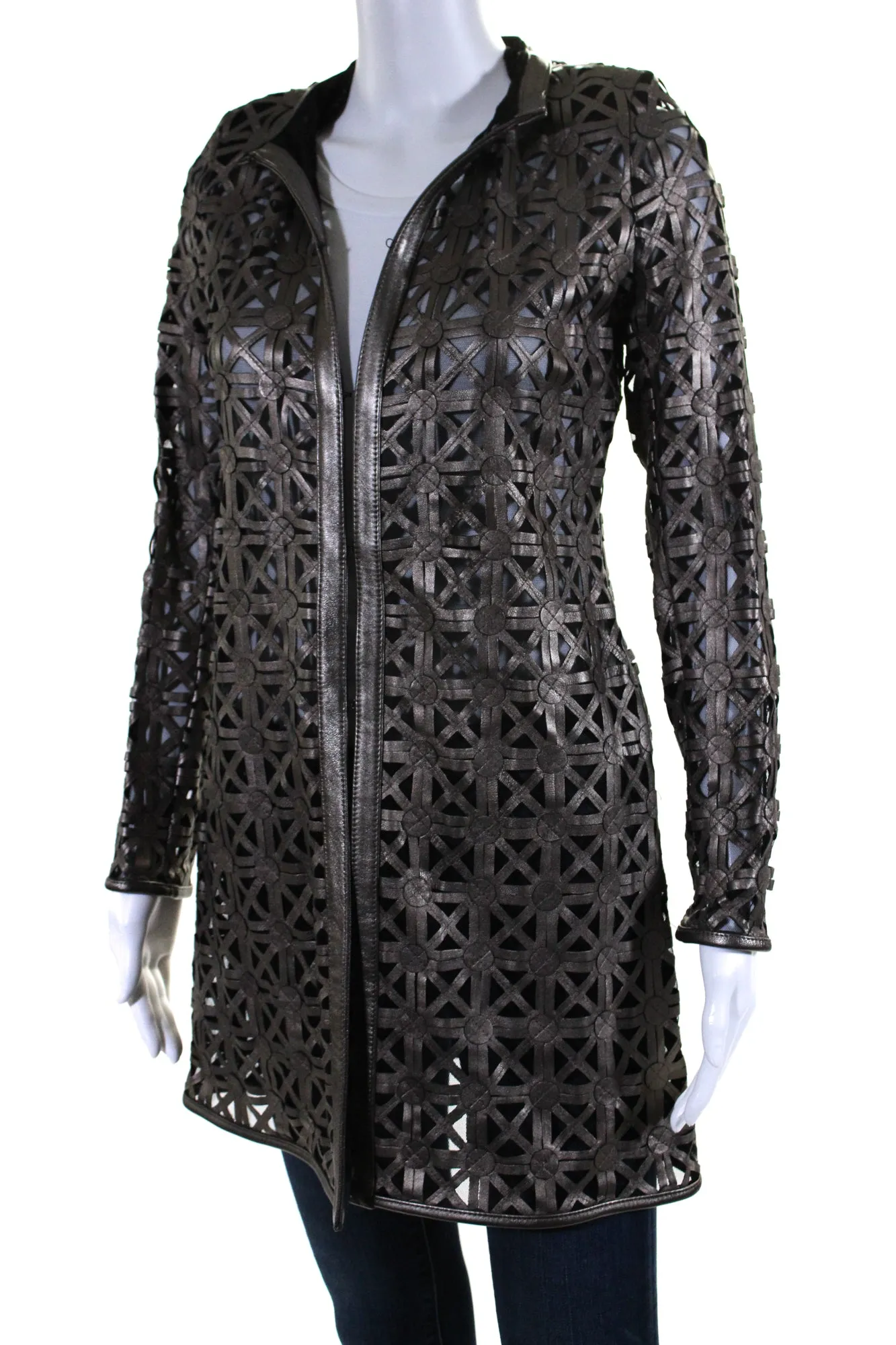 In Transit Womens Laser Cut Metallic Mesh Leather Jacket Brown Black