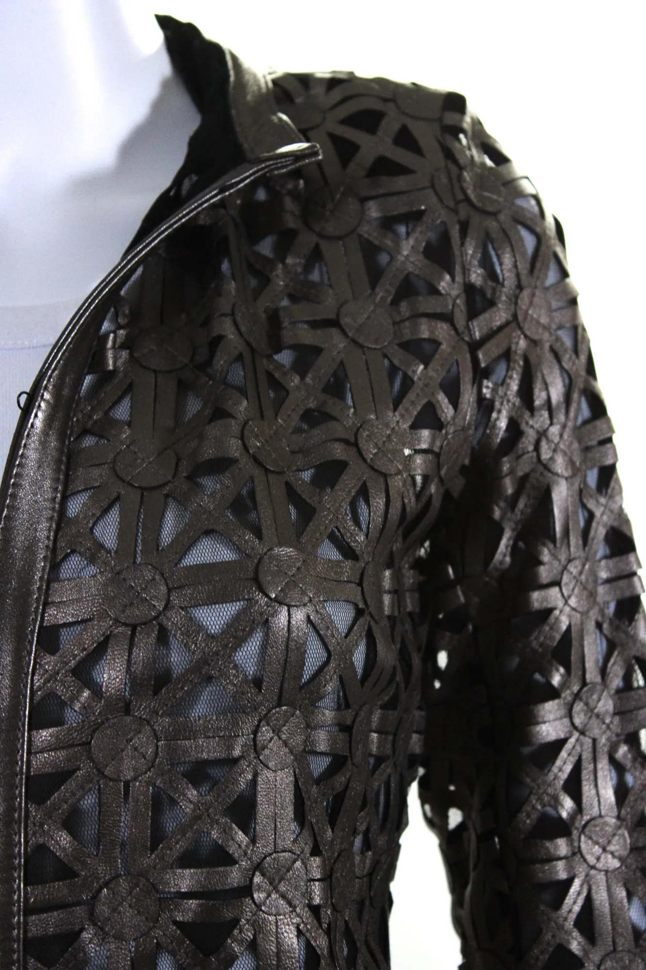 In Transit Womens Laser Cut Metallic Mesh Leather Jacket Brown Black