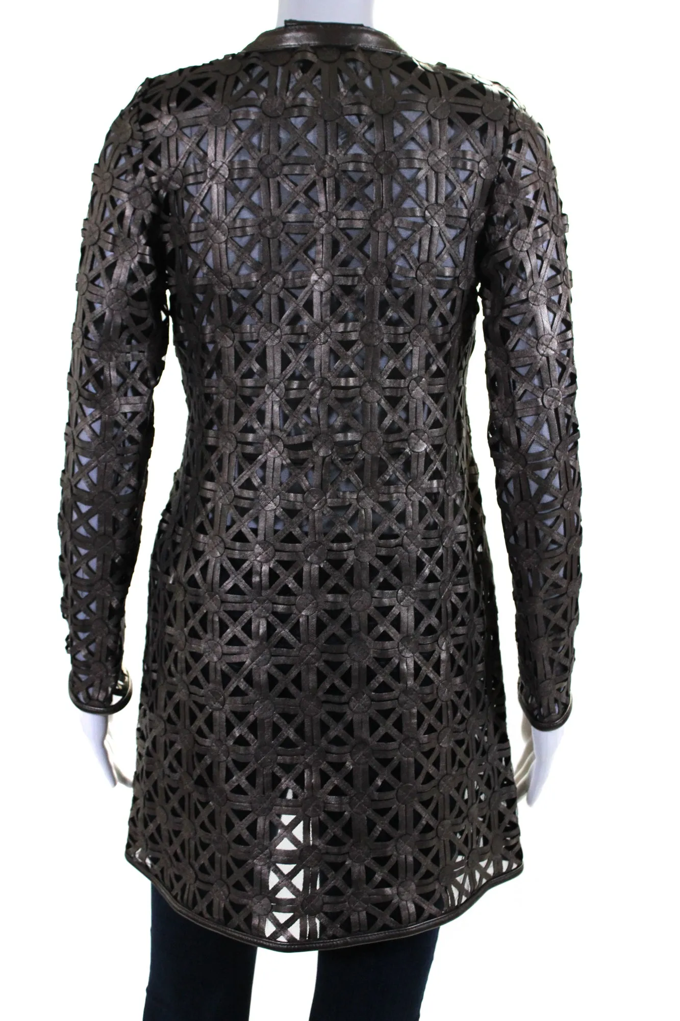In Transit Womens Laser Cut Metallic Mesh Leather Jacket Brown Black