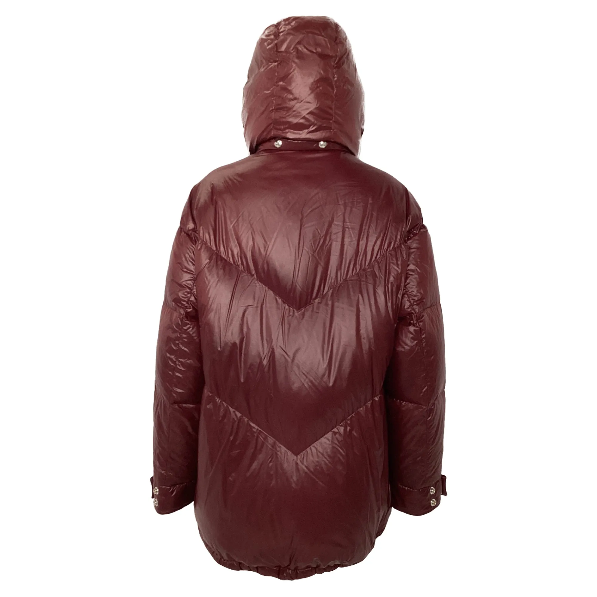 Iro Secured Button Hooded Down Jacket in Burgundy Polyamide