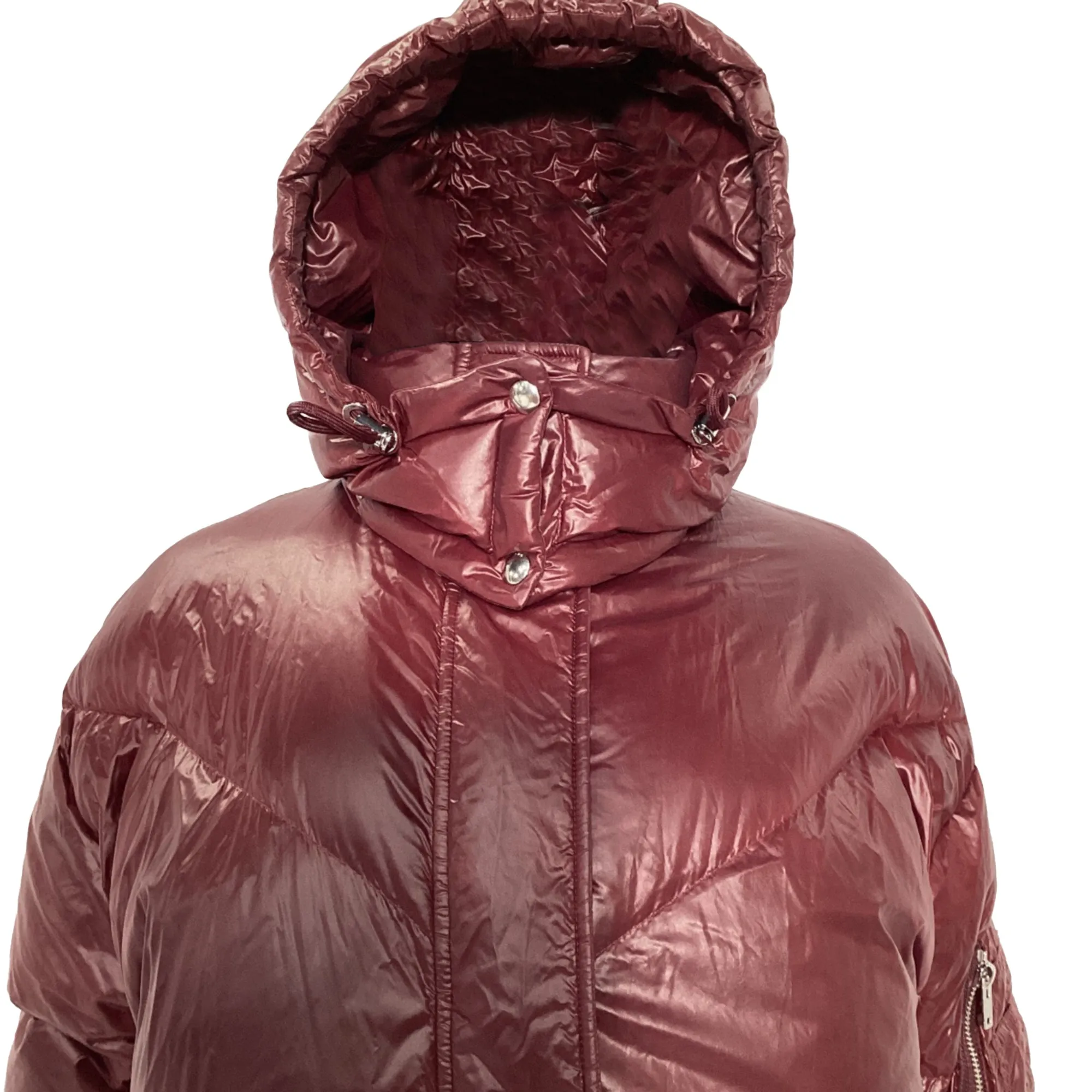 Iro Secured Button Hooded Down Jacket in Burgundy Polyamide