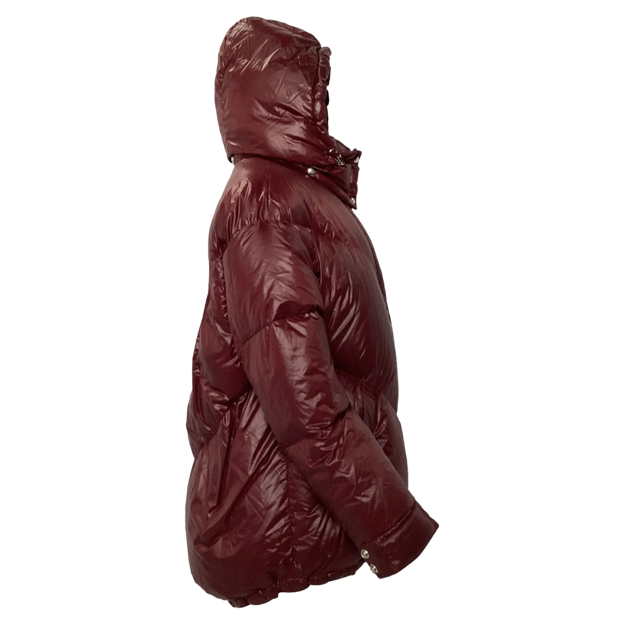Iro Secured Button Hooded Down Jacket in Burgundy Polyamide