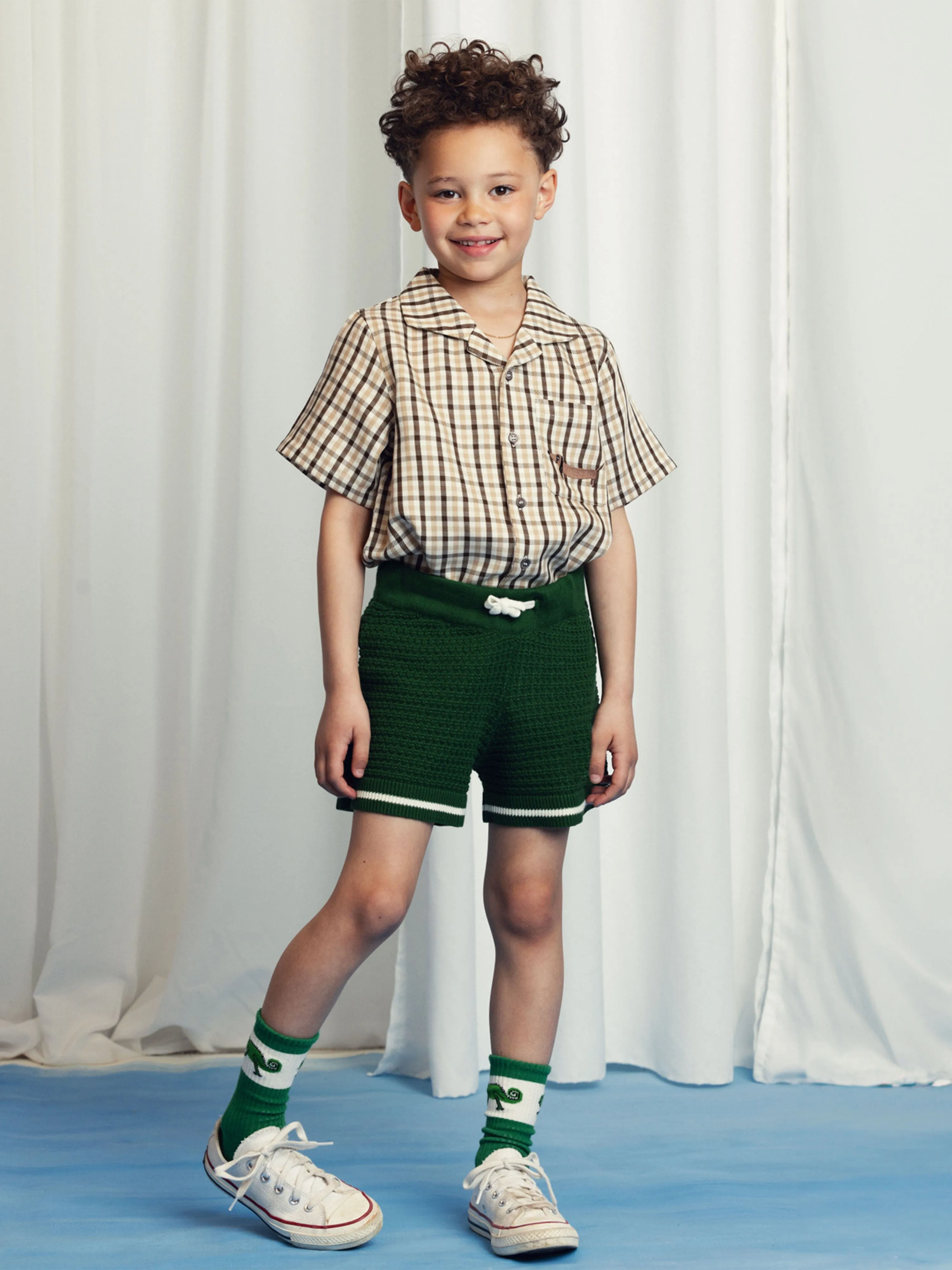 Kids Lizard Patch Crochet Knit Shorts in Green