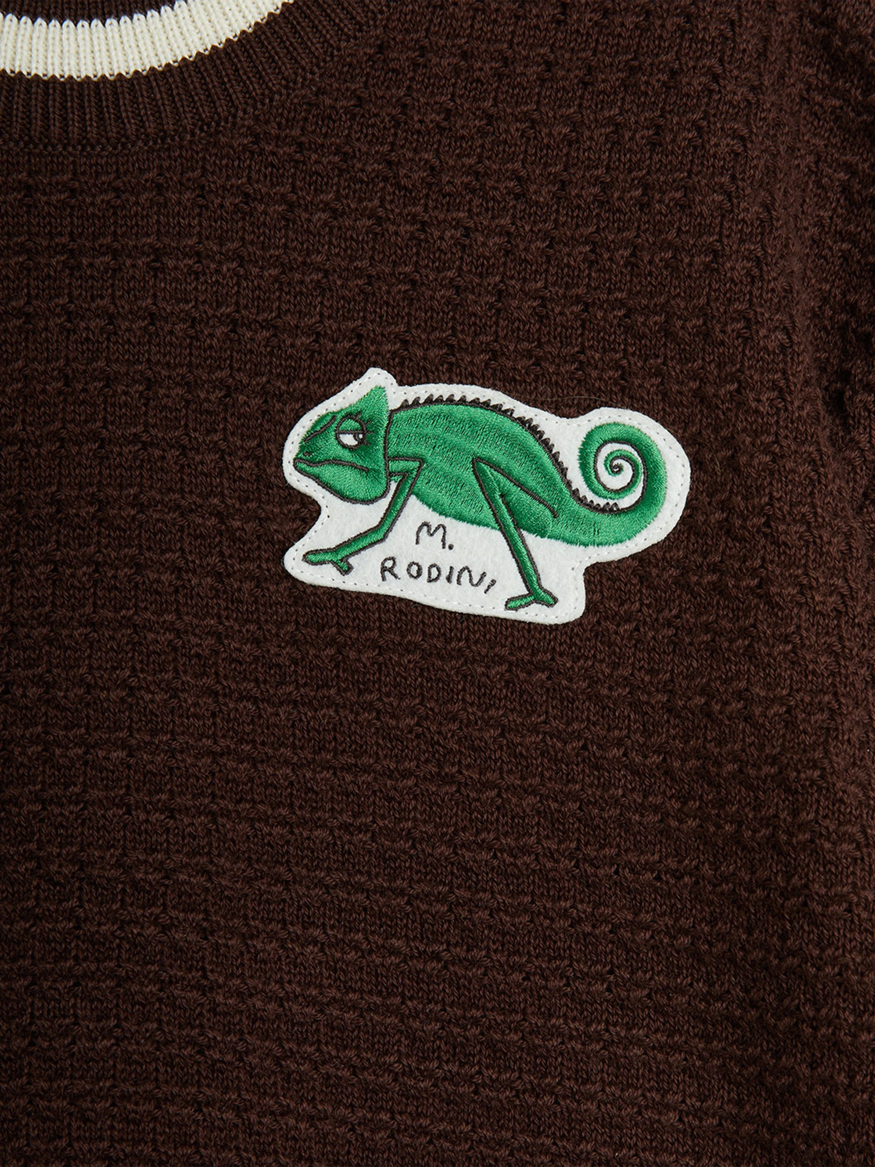 Kids Lizard Patch Crochet Knit T-Shirt in Brown