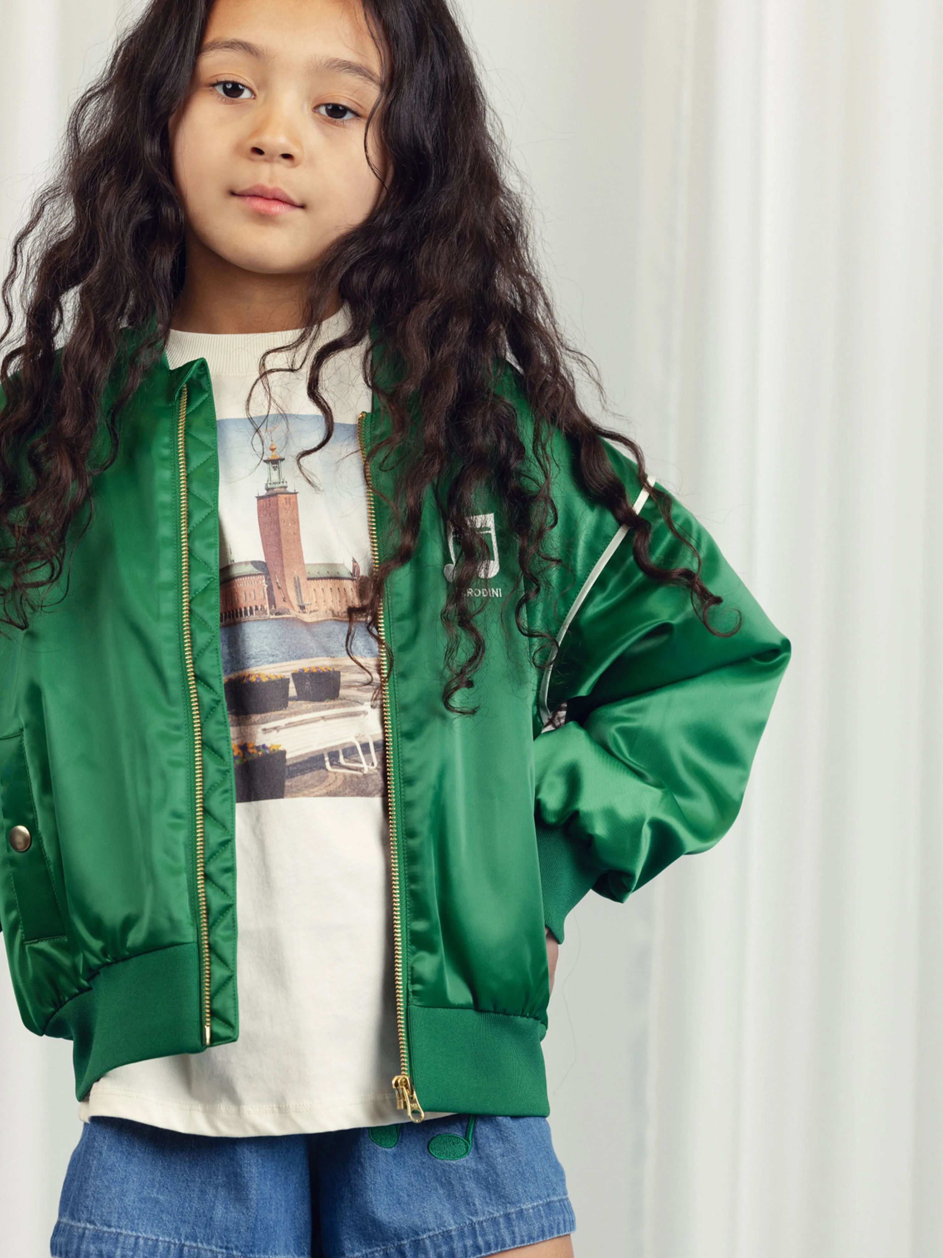 Kids Note Chenille Satin Baseball Jacket in Green