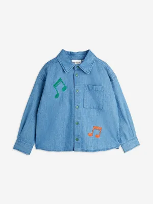 Kids Note Embroiderd Lightweight Denim Shirt in Blue