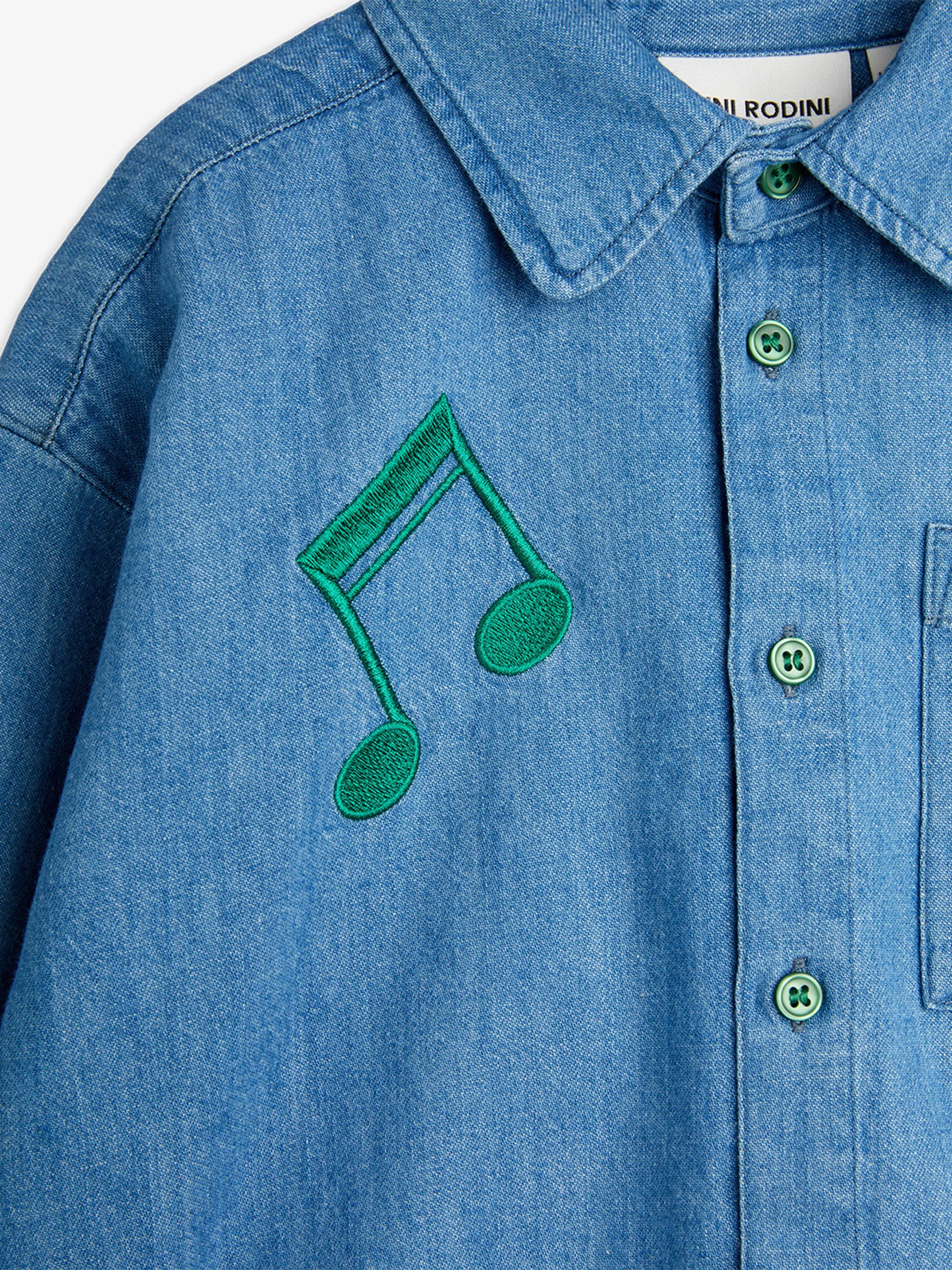 Kids Note Embroiderd Lightweight Denim Shirt in Blue