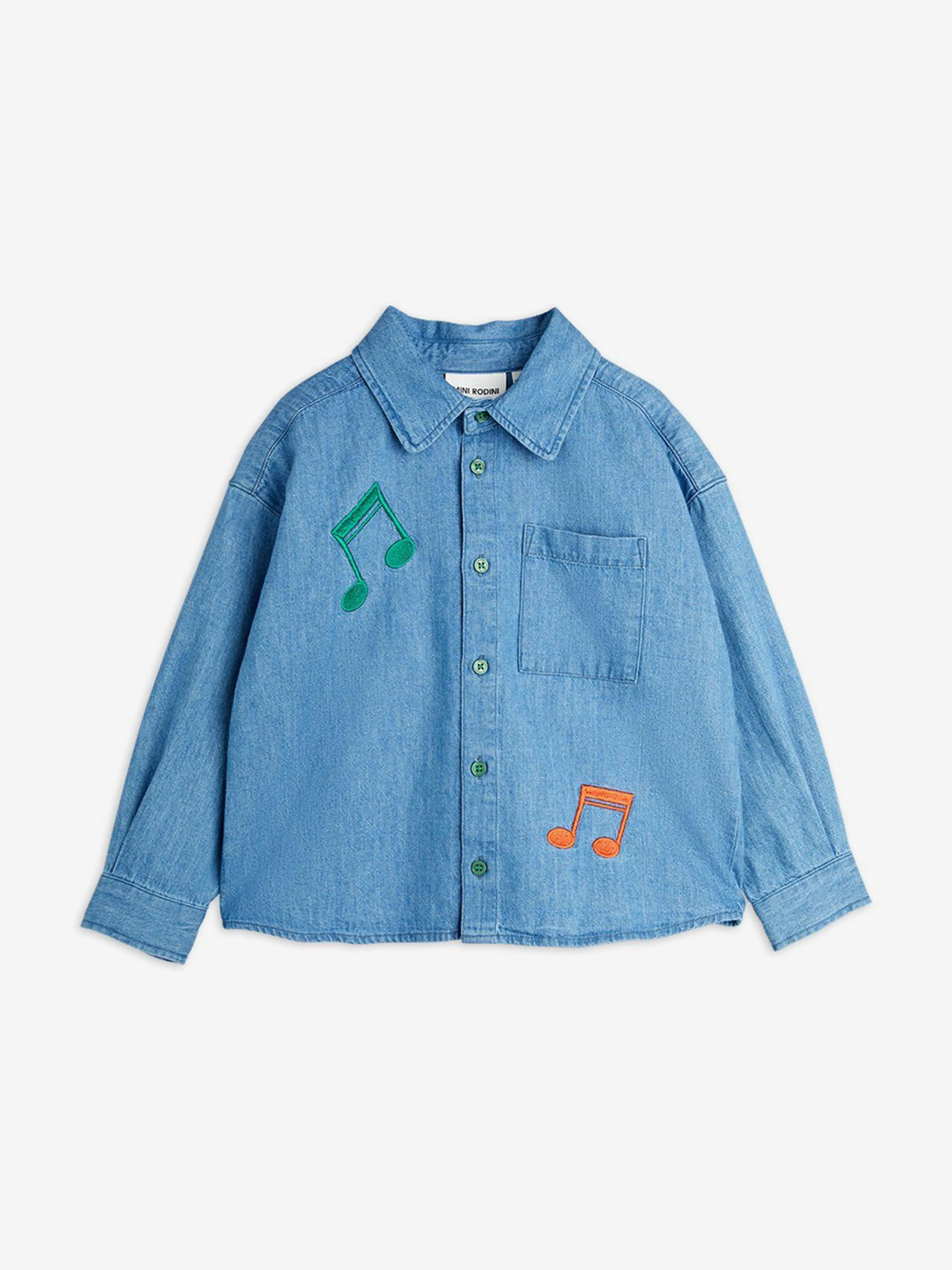 Kids Note Embroiderd Lightweight Denim Shirt in Blue