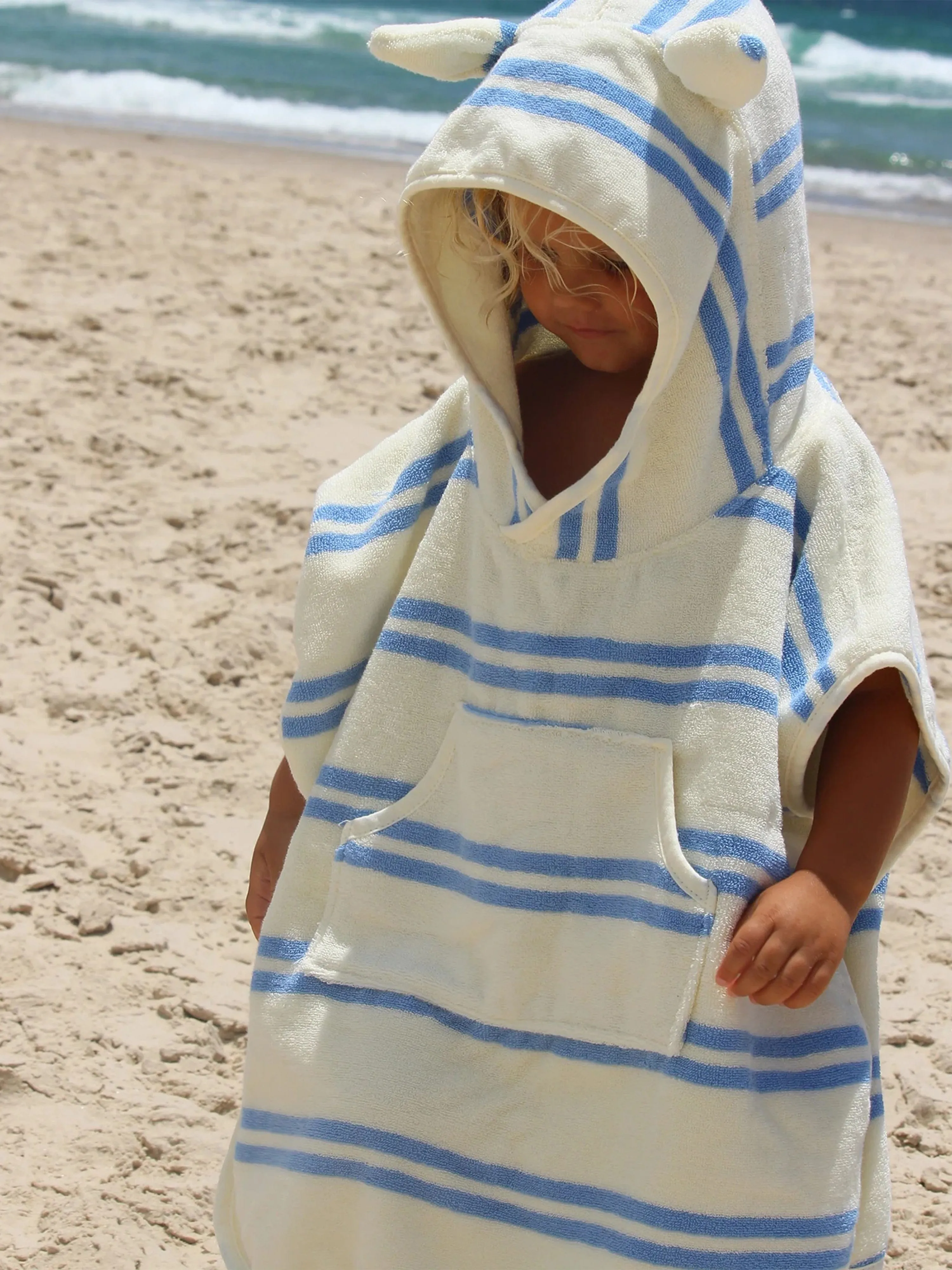 Kids Striped Character Hooded Towel Sid the Seagull in Blue (86cm)