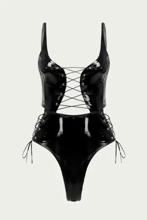 Lace-Up Patent Leather Thong Bodysuit In Black