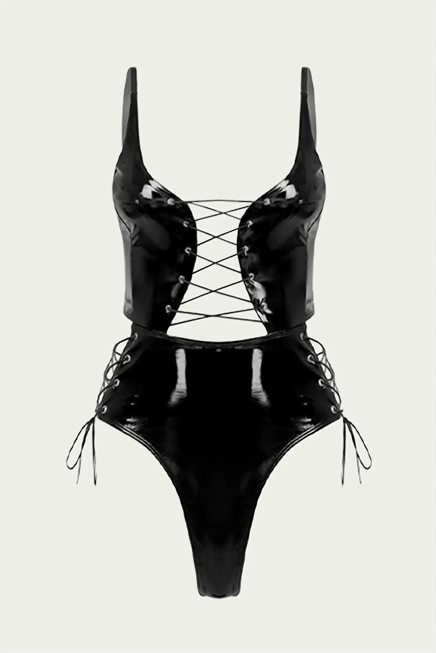 Lace-Up Patent Leather Thong Bodysuit In Black