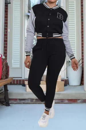 Letter Printed Blk/Grey Base Ball Crop Set