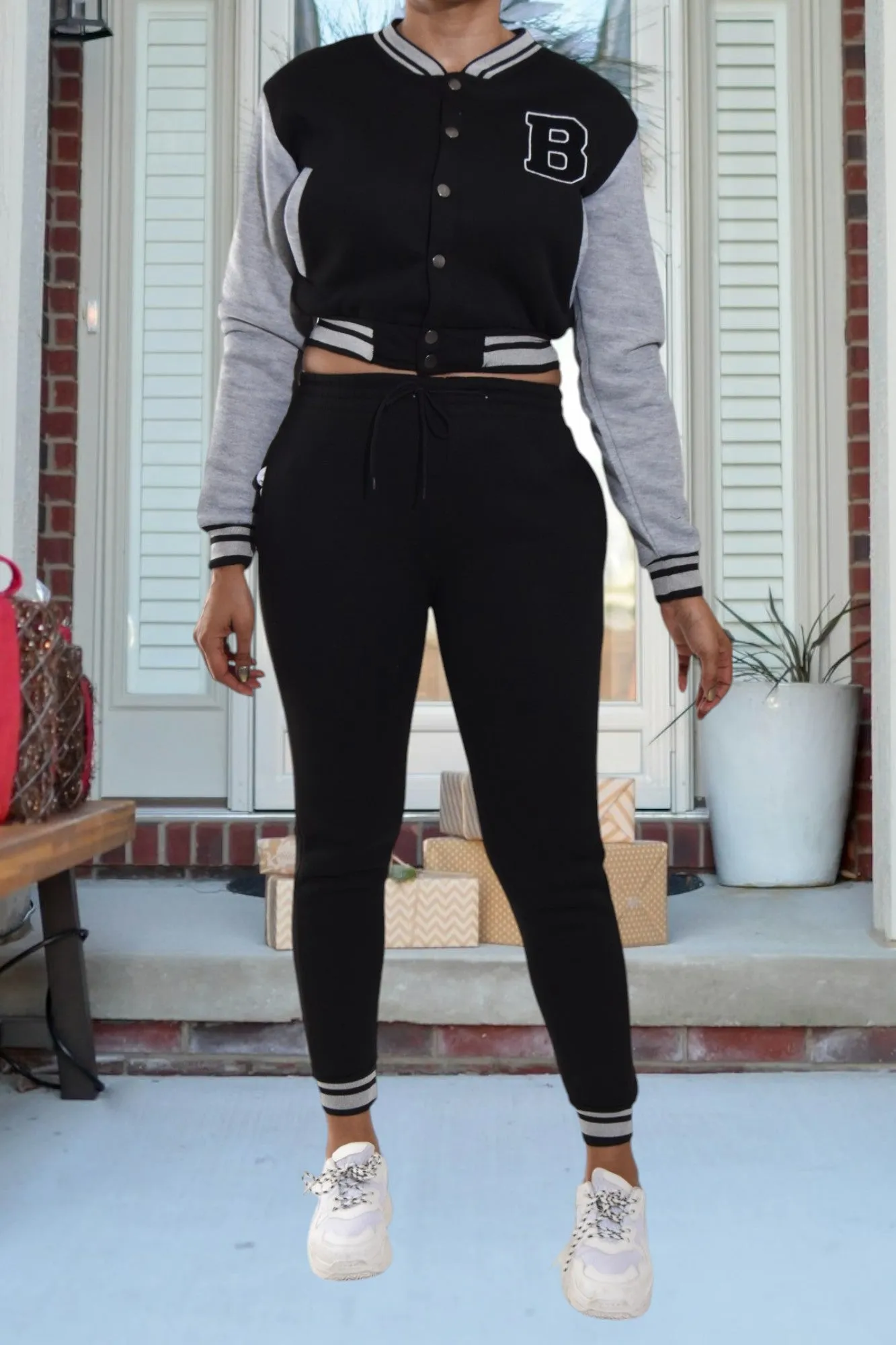 Letter Printed Blk/Grey Base Ball Crop Set