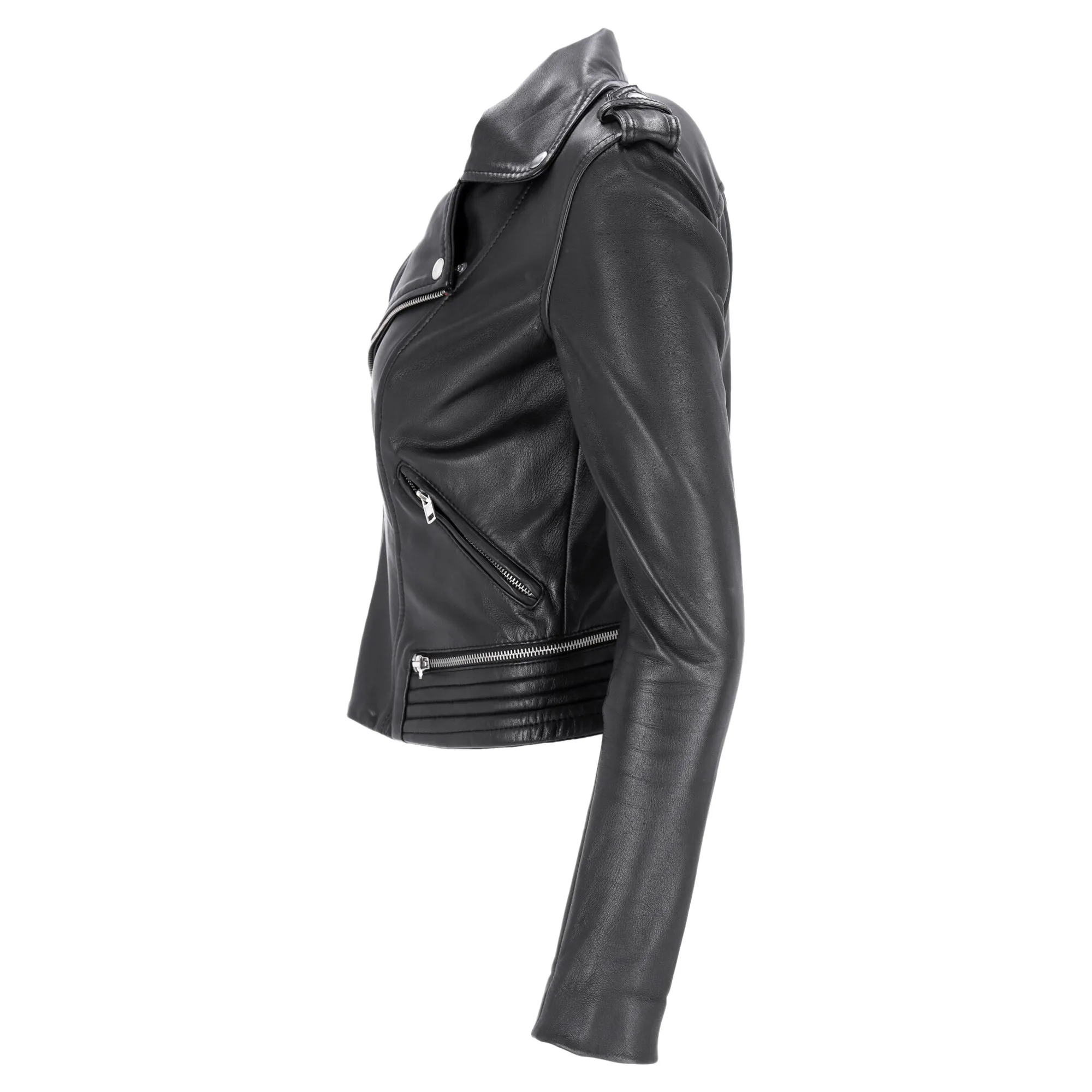 Maje Maya Biker Jacket with Quilt Detail in Black Leather
