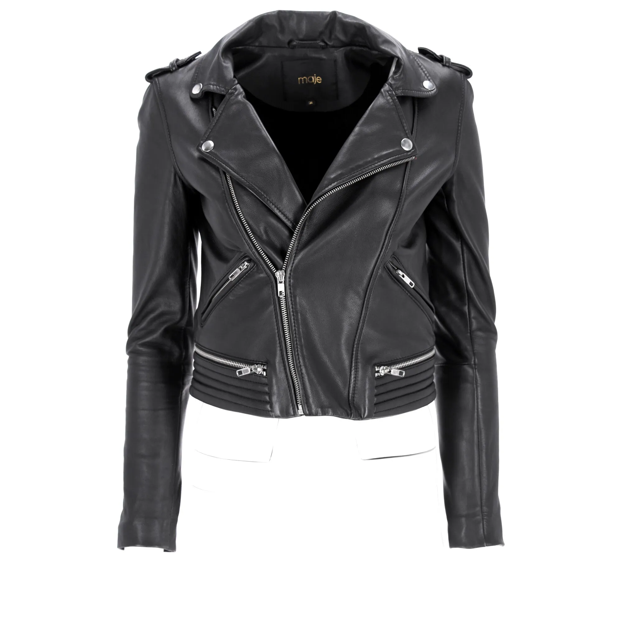 Maje Maya Biker Jacket with Quilt Detail in Black Leather