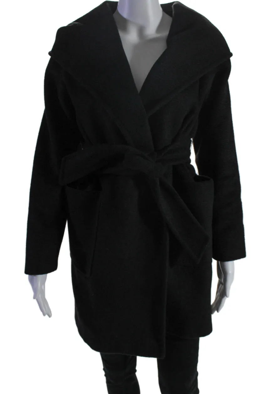 Max Mara Womens Long Sleeve Belted Collared V Neck Camel Coat Black