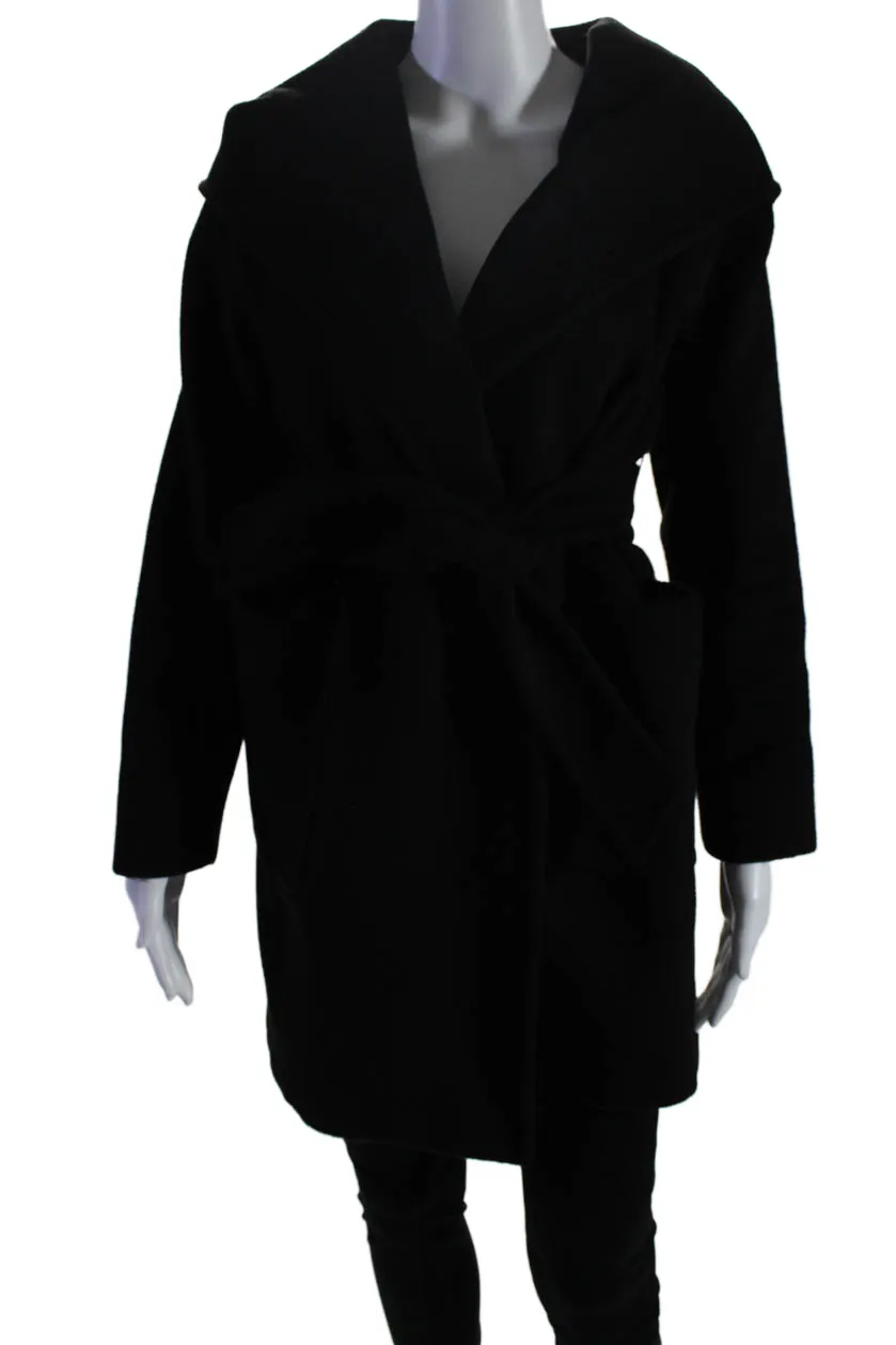 Max Mara Womens Long Sleeve Belted Collared V Neck Camel Coat Black